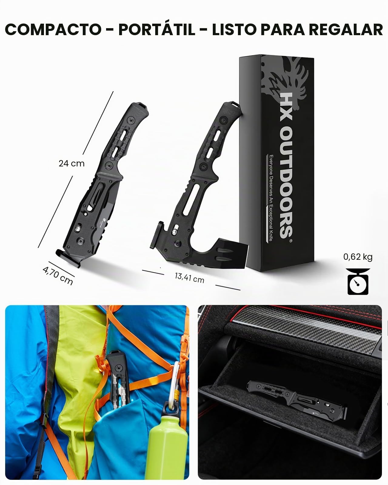 HX OUTDOORS Hacha Táctica Plegable Multiherramienta de Supervivencia, Hoja de Acero DC53 con Titanio Negro, Hacha de Camping con Martillo y Abrebotellas, Hacha Plegable con Mango G10