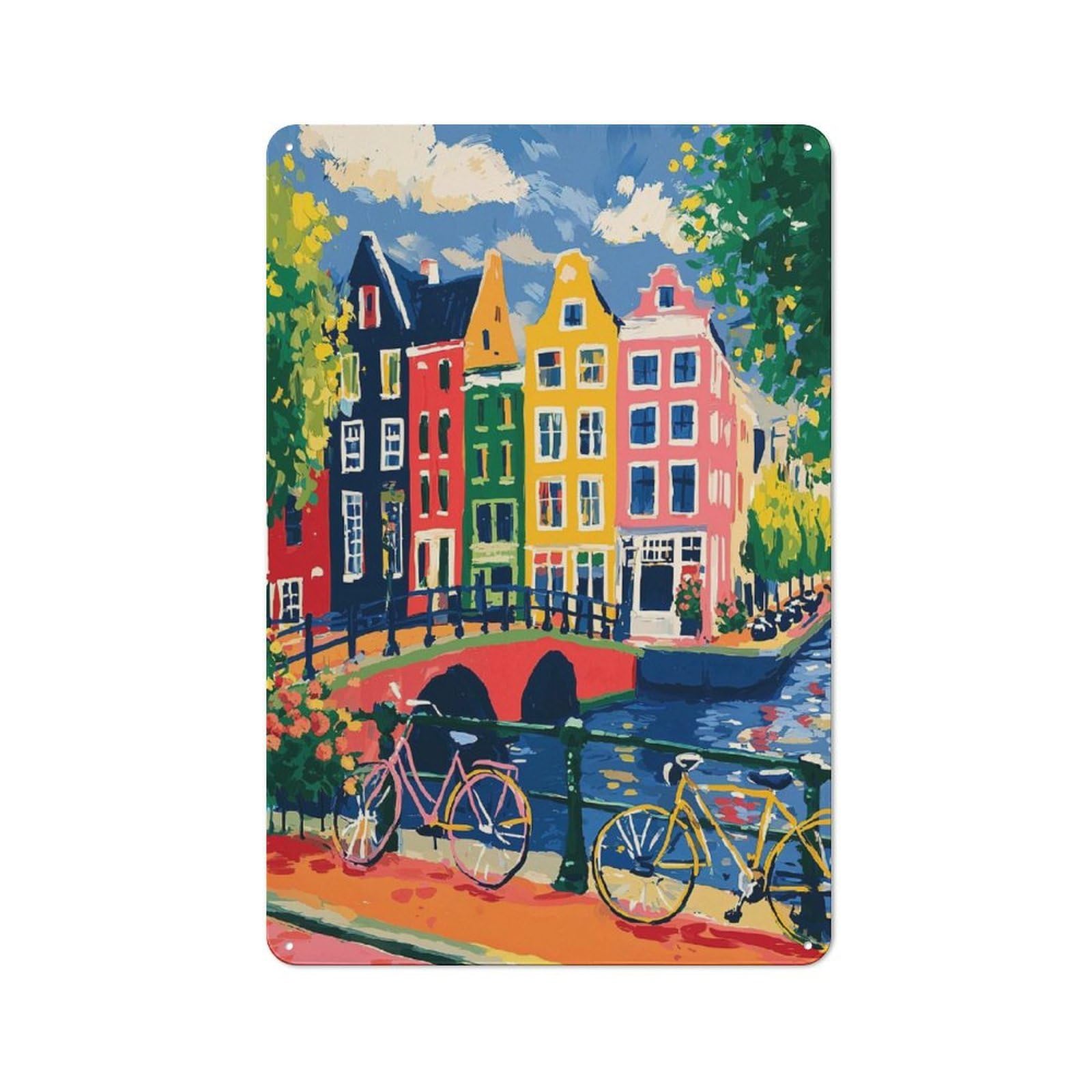 Junmoney Style-15 Industrial Colorful Amsterdam Canal Scene With Bicycles Retro Metal Sign 30X20cm, Shed Wall Plaque For Garage, Workshop, Shed Or Utility Room