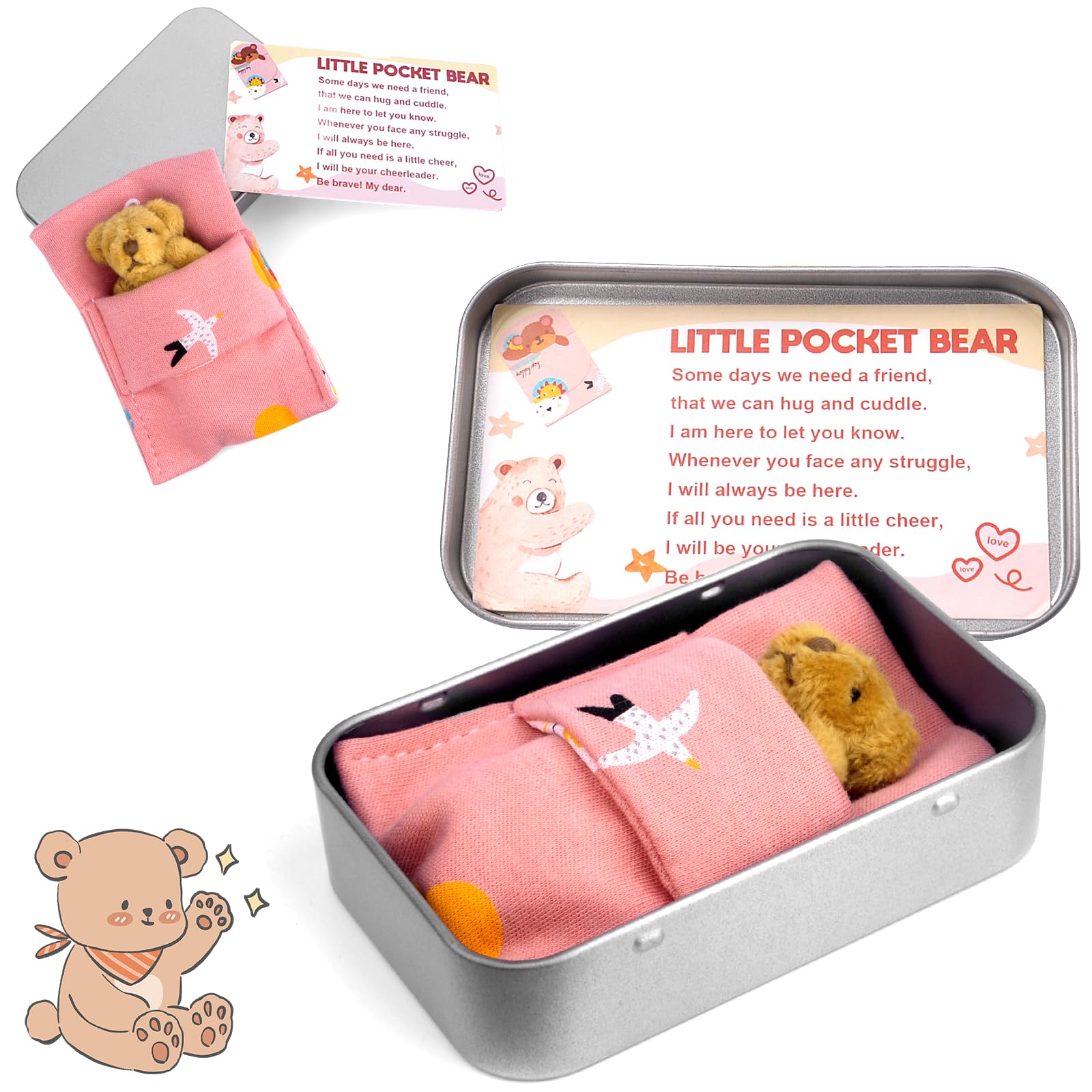 Pocket Bear in Tin Box, Pocket Hug Plush Toys, Stuffed Animad Bear Doll, Little Brown Bear, Good Luck Gifts, First Day at School Gift, Inspirational Positive Ornaments Gift for Kids Friend