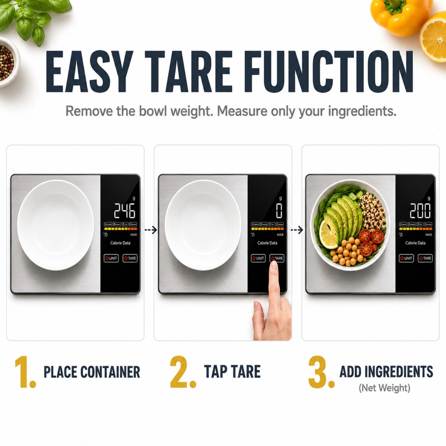 Smart Nutrition - Bilancia digitale da cucina con app calcolatrice nutrizionale, funzione tara, traccia calorie e 19 nutrienti, 5 kg, grammi/oncia, in acciaio inox per dimagrire e dieta