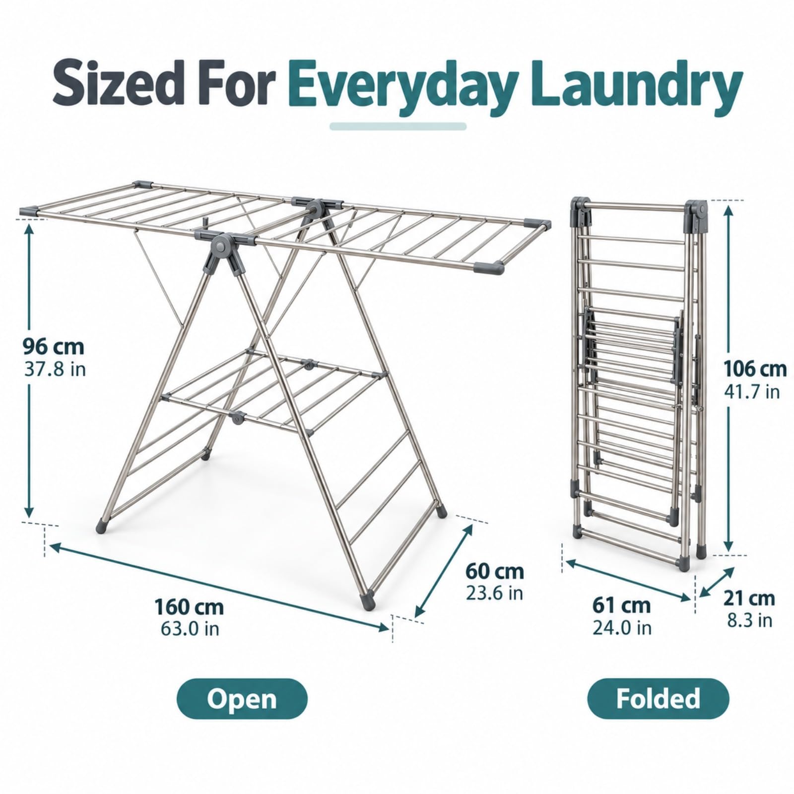 Étendoir À Linge Pliable en INOX avec Ailes Et Tablette, 160 Cm, Gris