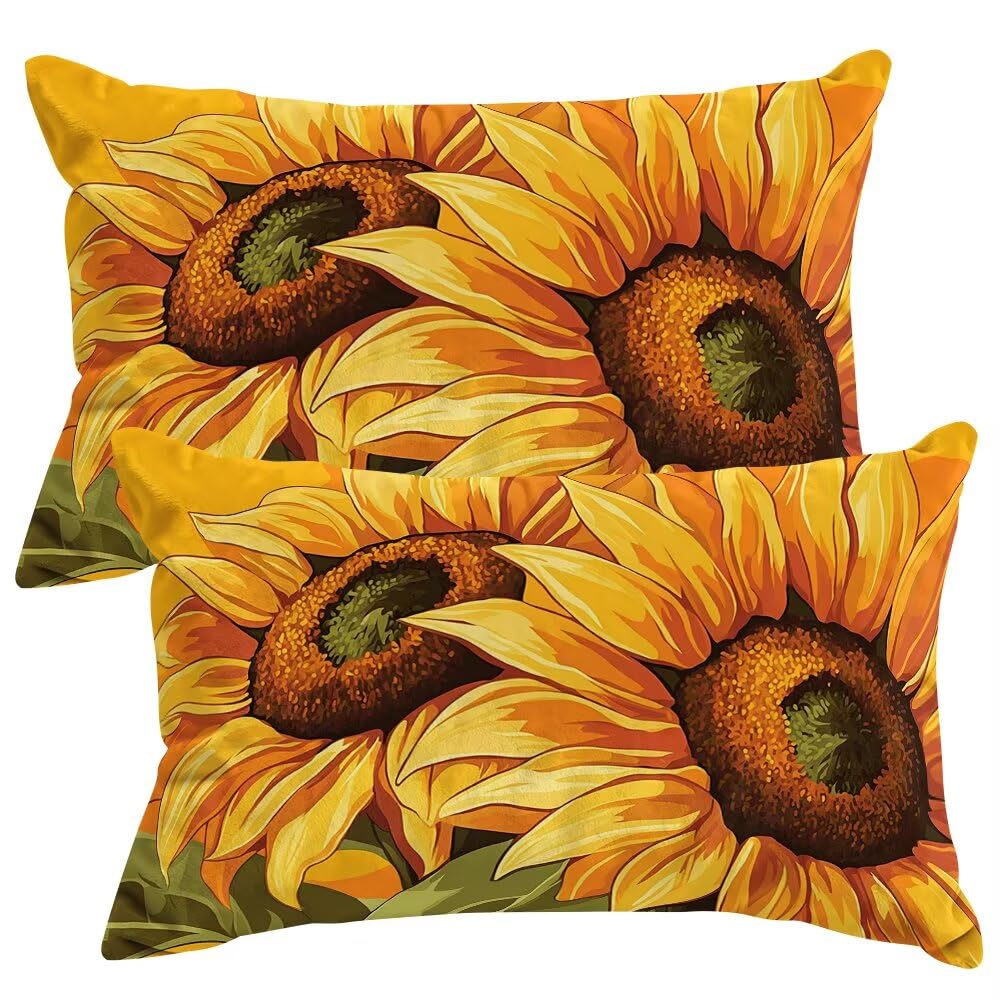 Set of 2 Velvet Cushion Covers 50x80 cm Yellow Cushions Covers Decorative Throw Pillow Case Sunflower Autumn Sofa Pillows 20x32 Inch Cushion Cover with Invisible Zipper for Livingroom Bedroom -SC399