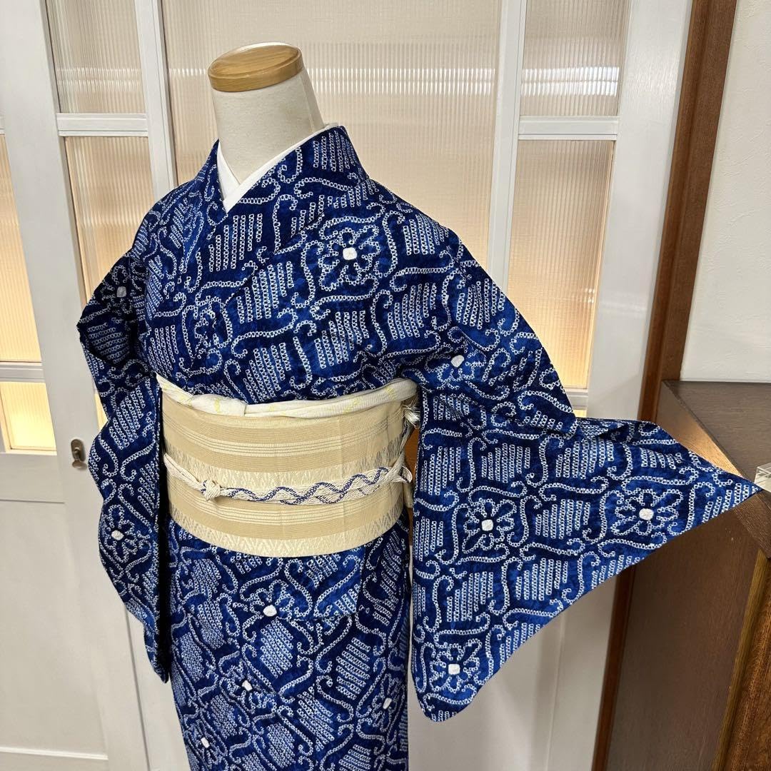 ゆりのはな 絞り浴衣 有松鳴海絞り 総絞り 浴衣 藍色系 綿 - 着物・浴衣