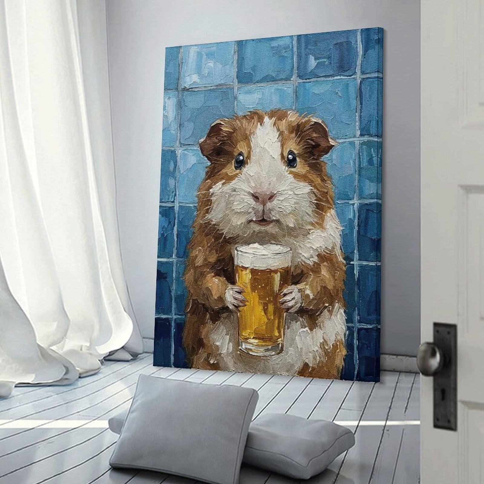 Junmoney Frame-Style-3 Guinea Pig With Beer Painting Room Decor Wall Art 24X36inch(60X90cm), For Bedroom Decor, Cosy Corners Or Studios, A Warm Accent For Relaxed Interiors