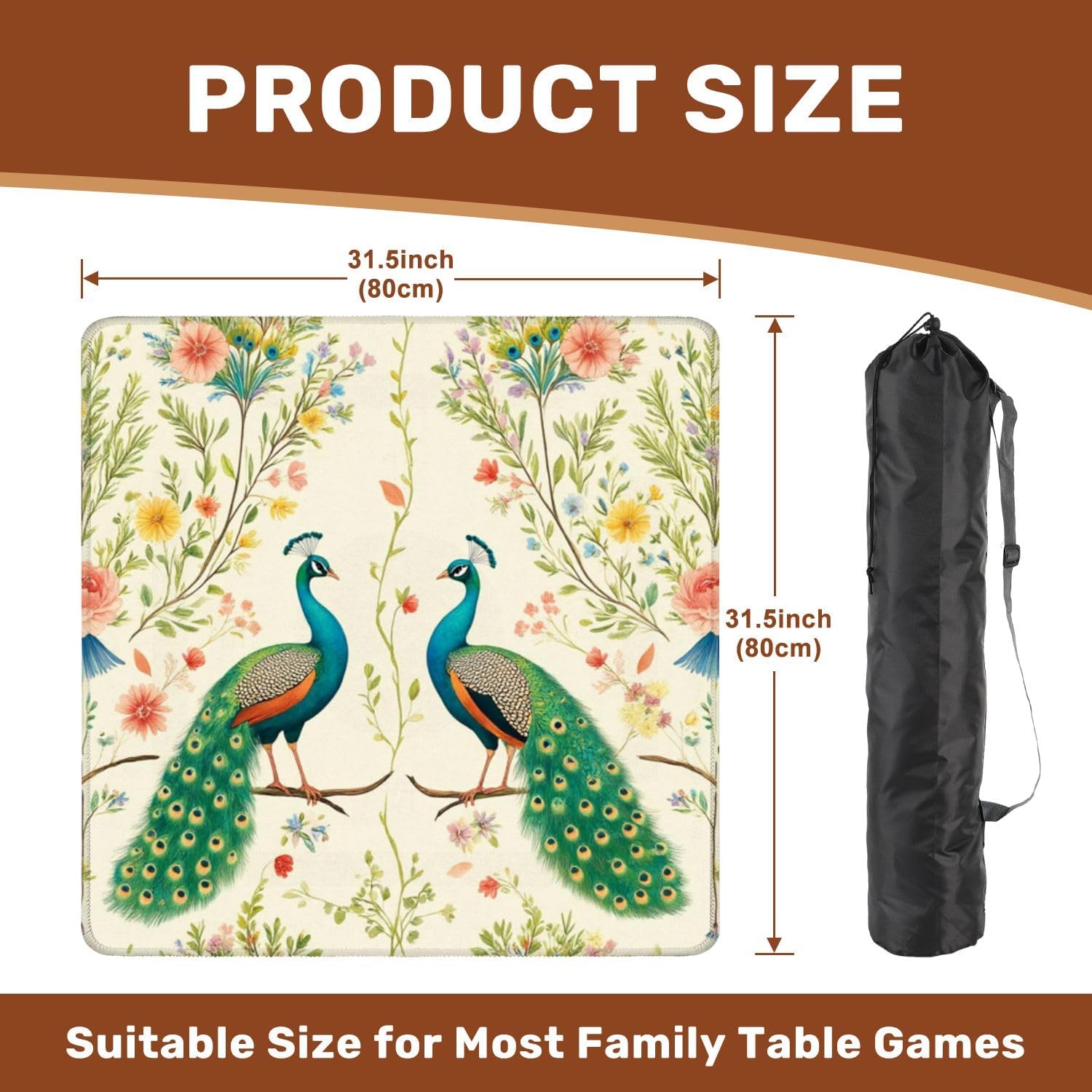 Chinoiserie Mahjong Mat with Carrying Bag 31.5" x 31.5" Elegant Peacocks Tails Surrounded by Vintage Floral Botanical Non-Slip Noise Reduction Table Mat for Mahjong Poker Dominoes Card Games