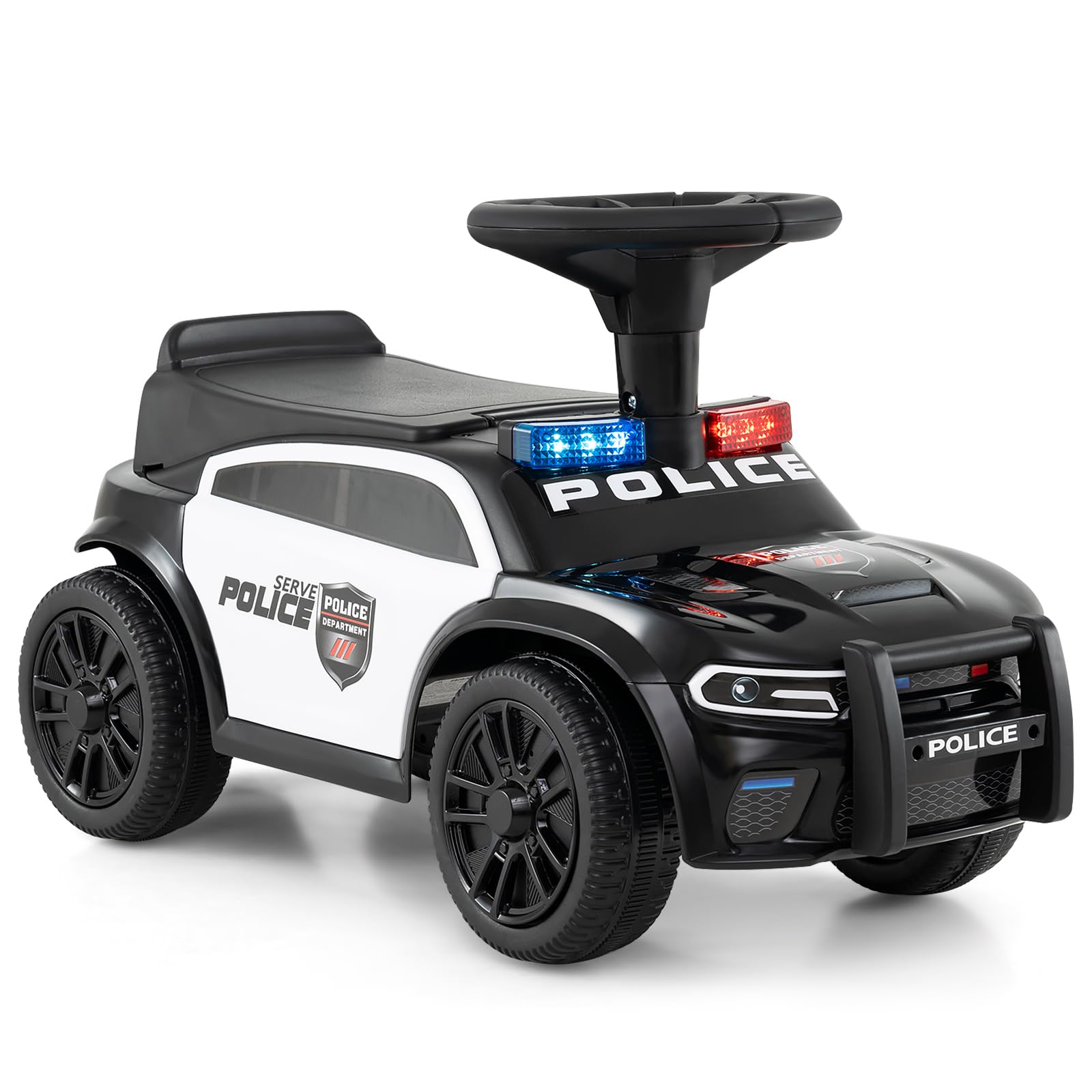 COSTWAY Ride on Police Car, Toddler Foot to Floor Sliding Car with Steering Wheel, Under-Seat Storage, Siren Sounds, Music & Flashing Lights, Kids Ride on Toy for Boys Girls 18+ Months (Black)
