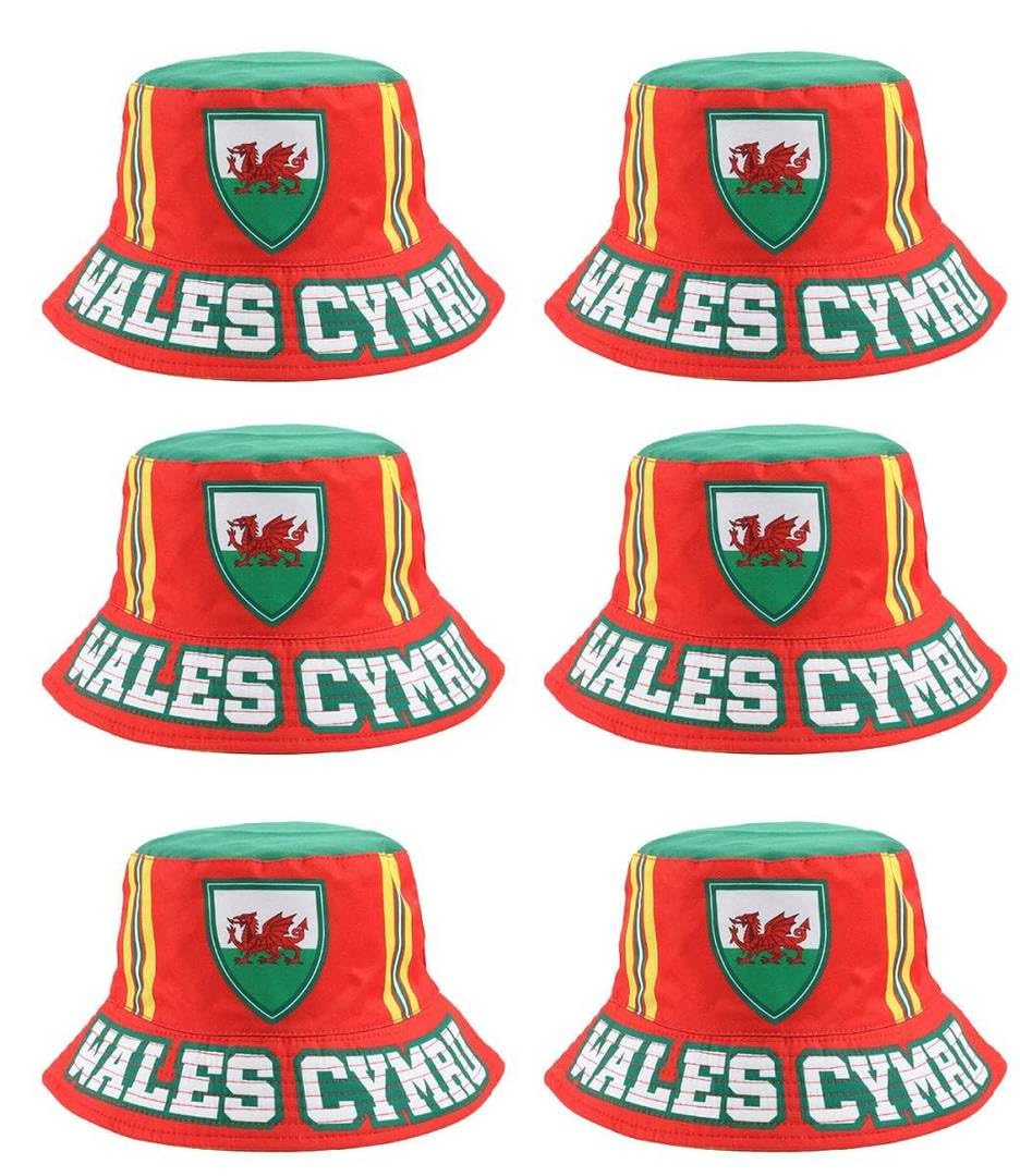 Love Trends Adults Wales Bucket Hat - Pack of 6 - Red Bucket Hat with Wales Cymru Text and Welsh Dragon Print - Mens Womens Welsh Football Rugby World Cup Supporters Accessory