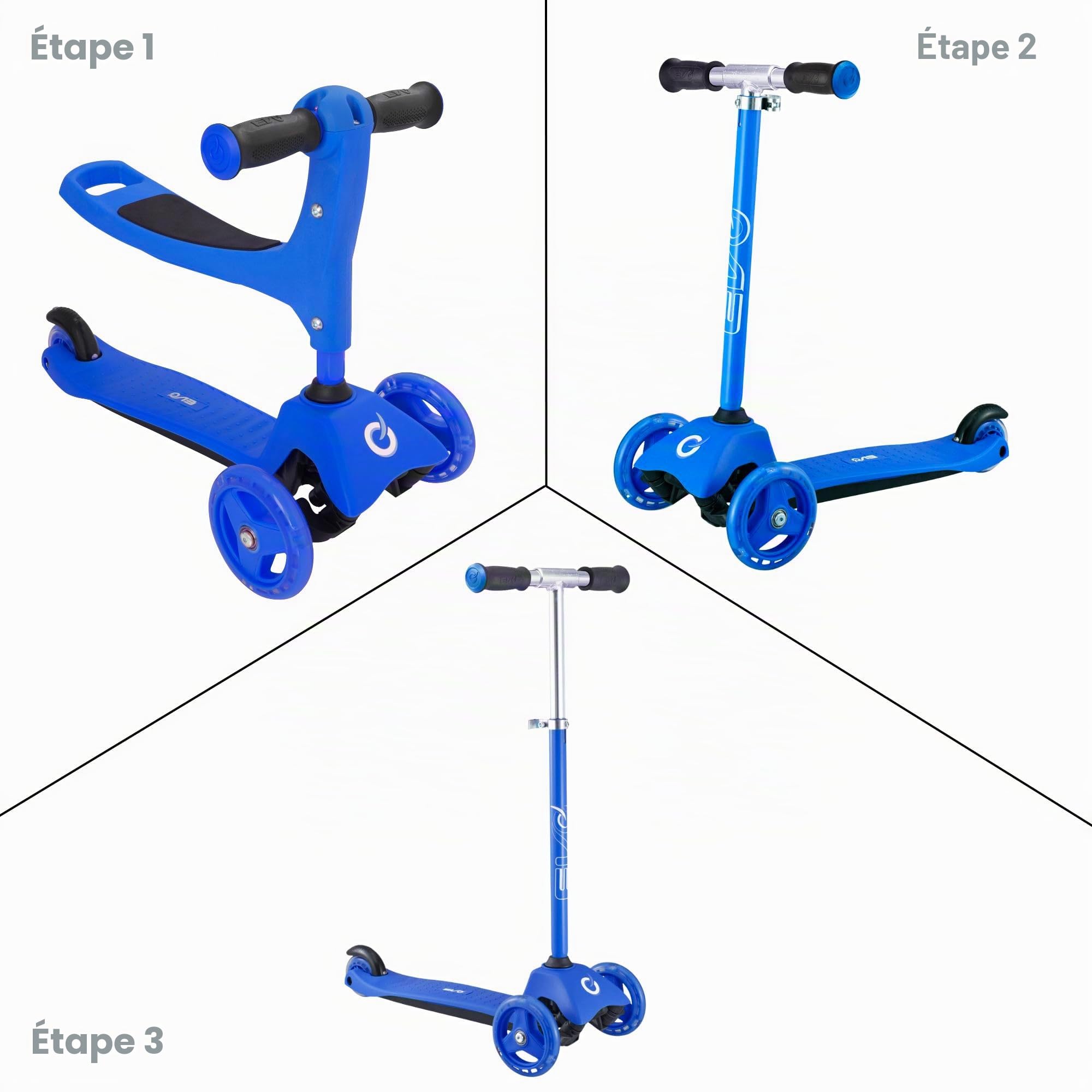 EVO Cruiser 3 en 1 | Poignée réglable | 3 étapes interchangeables | Trottinette assise à poussée à 2 roues | Excellente première trottinette pour enfants de 1 à 7 ans