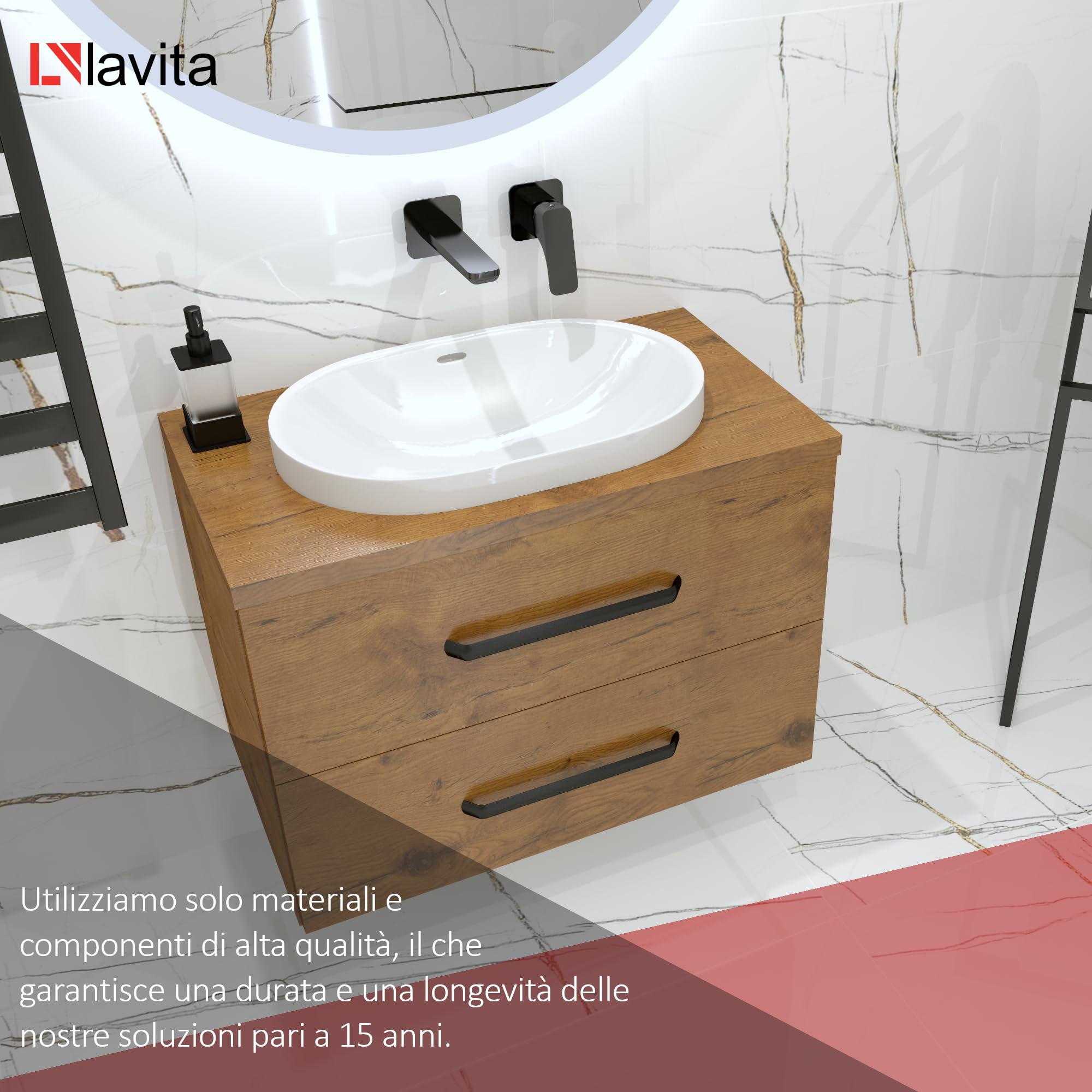 LAVITA Lavabo a incasso Puebla | Lavabo sospeso | lavabo rotondo con troppopieno e senza foro per rubinetto | ceramica di alta qualità | bagno, 60 x 39 x 16,5 cm | bianco lucido