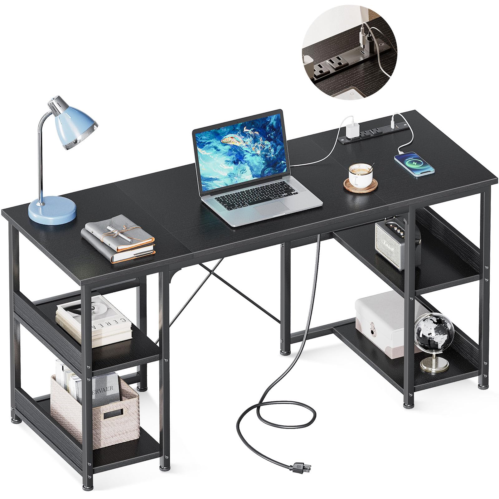 Photo 1 of 48 Inch Small Computer Desk with Power Outlets & Type-C, Home Table with Storage Shelves, Student Laptop PC Desks for Small Spaces Home Office Writing Desk, Black Black 48 inch