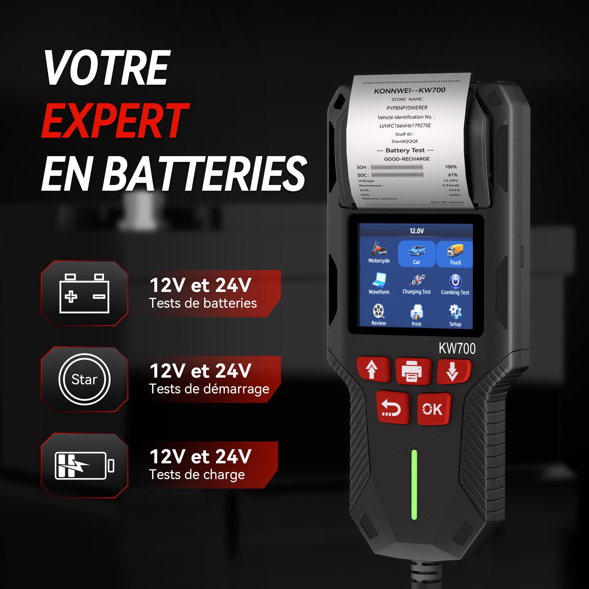 Testeur Batterie Voiture, KONNWEI KW700 12V 24V Testeur de Batterie et Alternateur Professionnel Analyseur de Batterie de Démarrage avec Imprimante Intégrée pour Auto Voiture Camion Moto