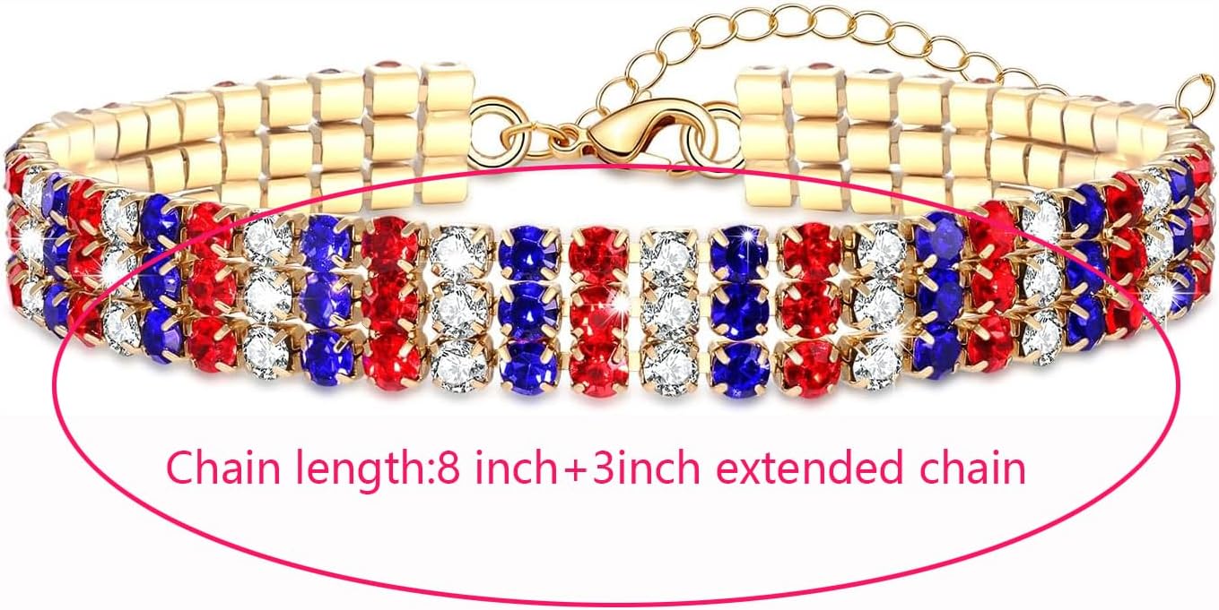 4 th of July Bracelet for Women Sparkling Red White and Blue Rhinestone Patriotic Tennis Bracelet American Flag Silver Tone Bracelet Adjustable Fourth of July Independence Day Costume Decoration Gift
