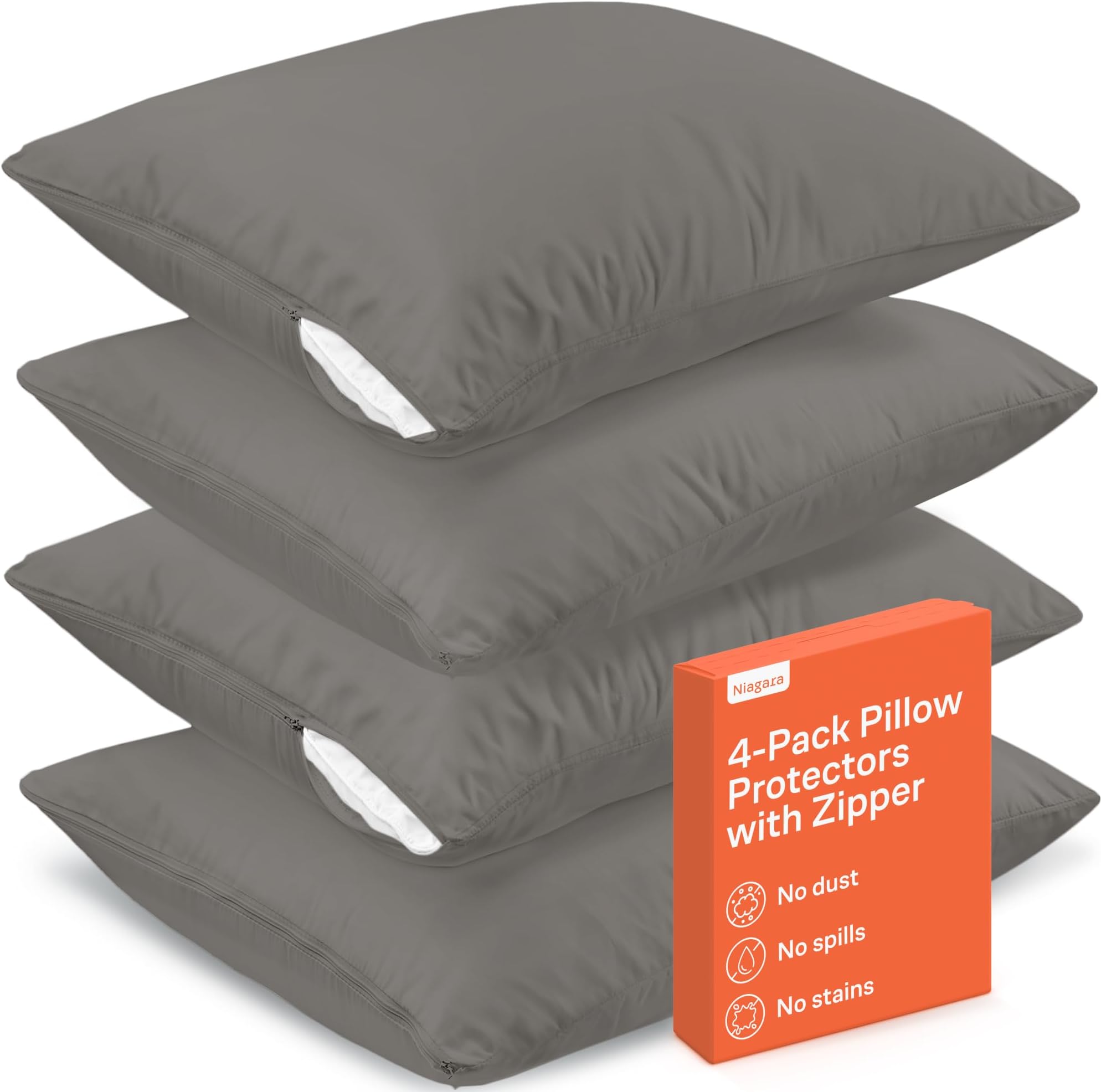 Niagara 4 Pack of Pillow Protectors with Zipper King Size, Effective Dust Protection, Quiet, Stay in Place Pillow Covers, Breathable Case for Pillow Lifespan Extension 20x36, Gray