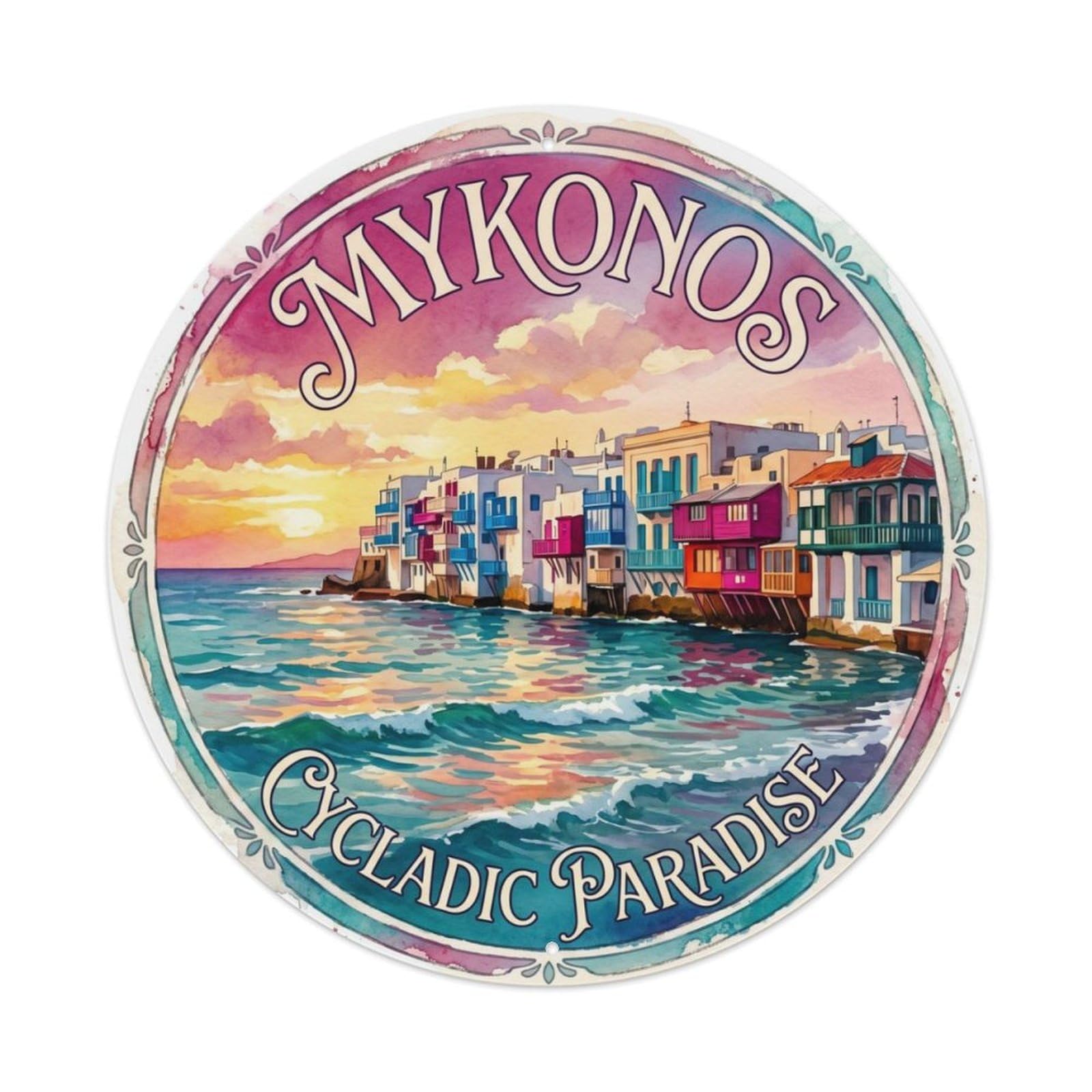 Gtthok Vintage Style-7 Vintage Travel Little Venice Mykonos Metal Tin Sign Plaque Wall Decor For Cafe, Club, Garden Round Metal Poster 8X8inch