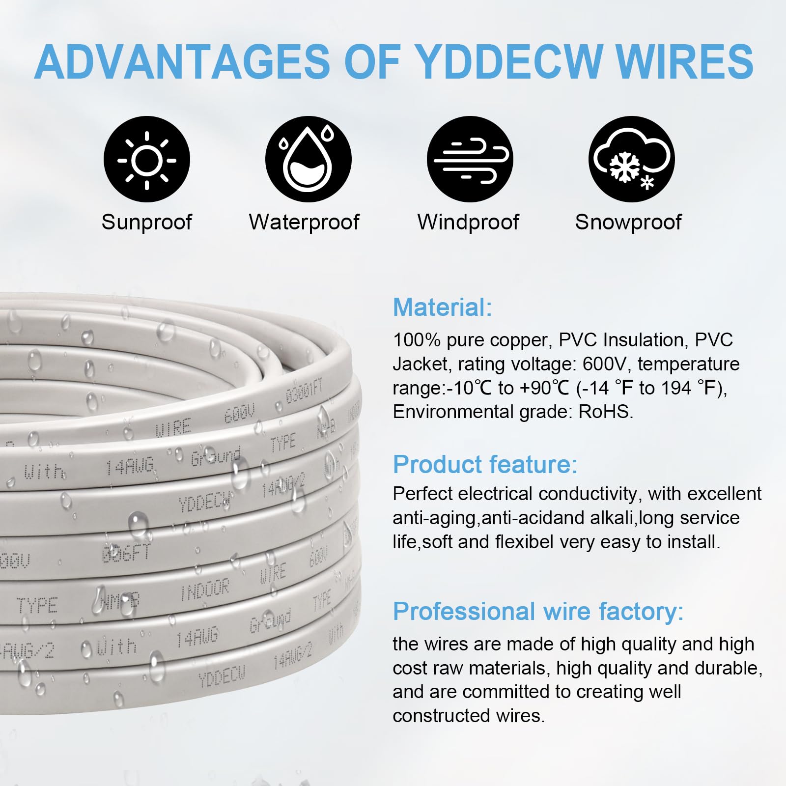 Cavo 14/2 NM-B con messa a terra, 3 m, cavo inguainato non metallico, 100% puro rame, 14 AWG, 2 conduttori, filo interno residenziale per prese, interruttori