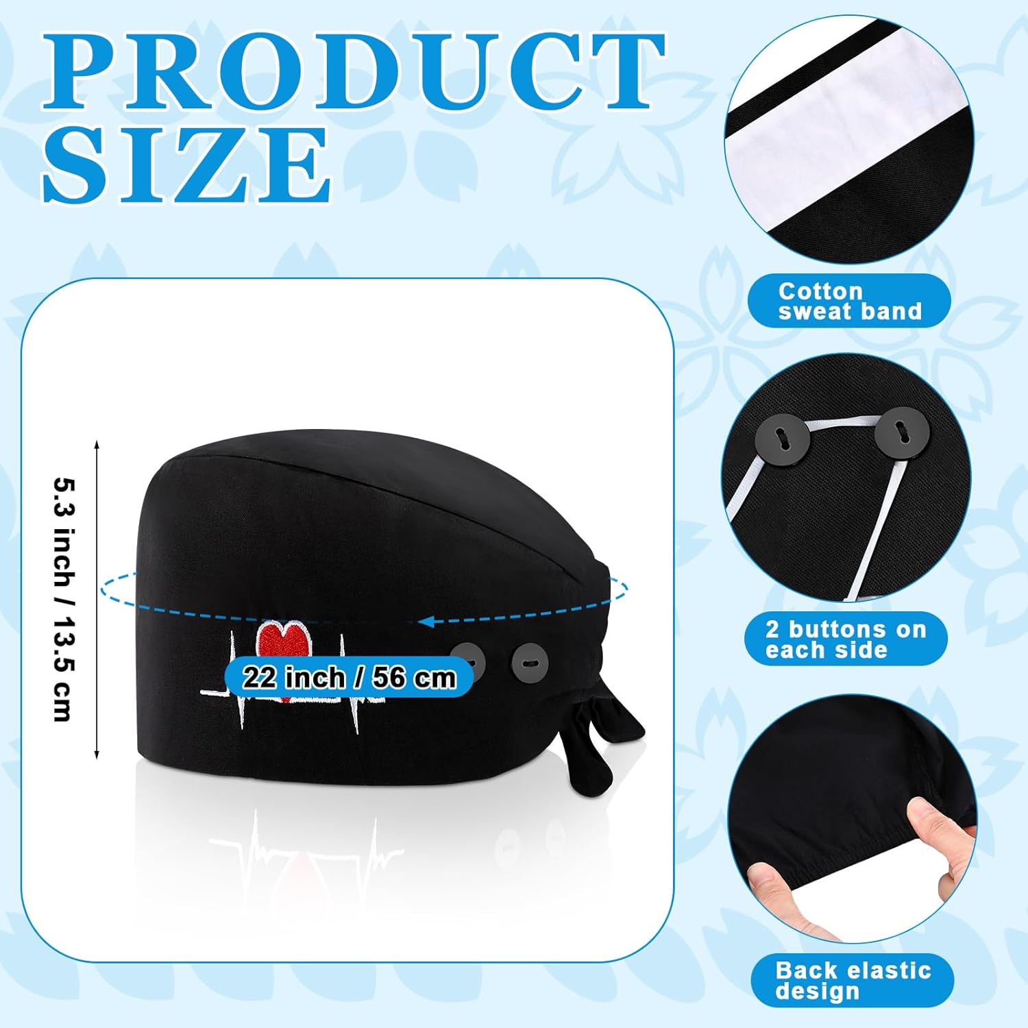 Unittype 4 Pcs Nurse Caps for Women Nursing Working Caps with Button and Sweatband Adjustable Elastic Scrub Hats for Dentist - Image 3