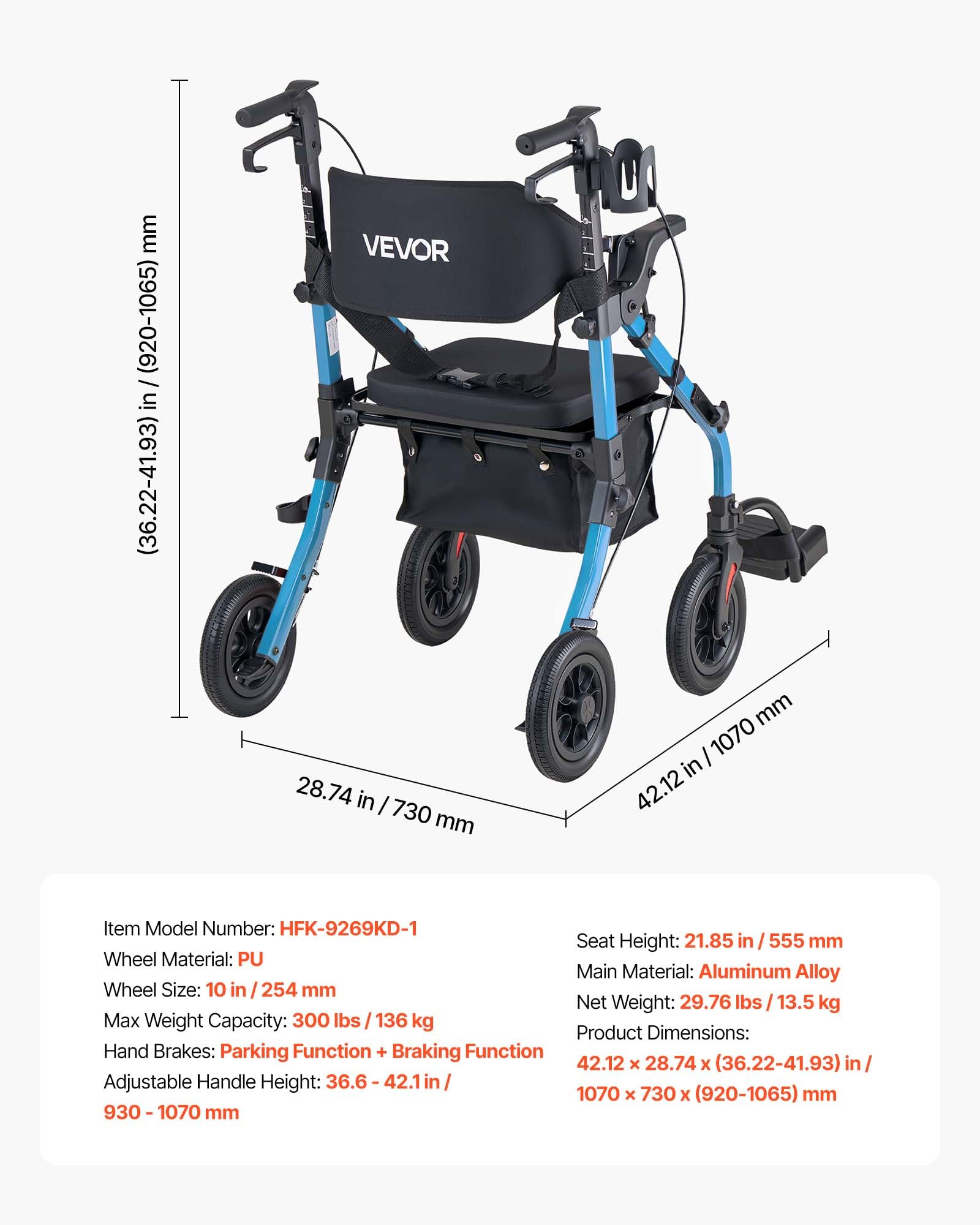VEVOR Deambulatore e Sedia a Rotelle 2 in 1 per Anziani, Supporto Massimo 136 kg, Ausilio Pieghevole per la Mobilità in Alluminio con Ruote in PU, per Sostegno Camminata Disabili e Persone Anziane