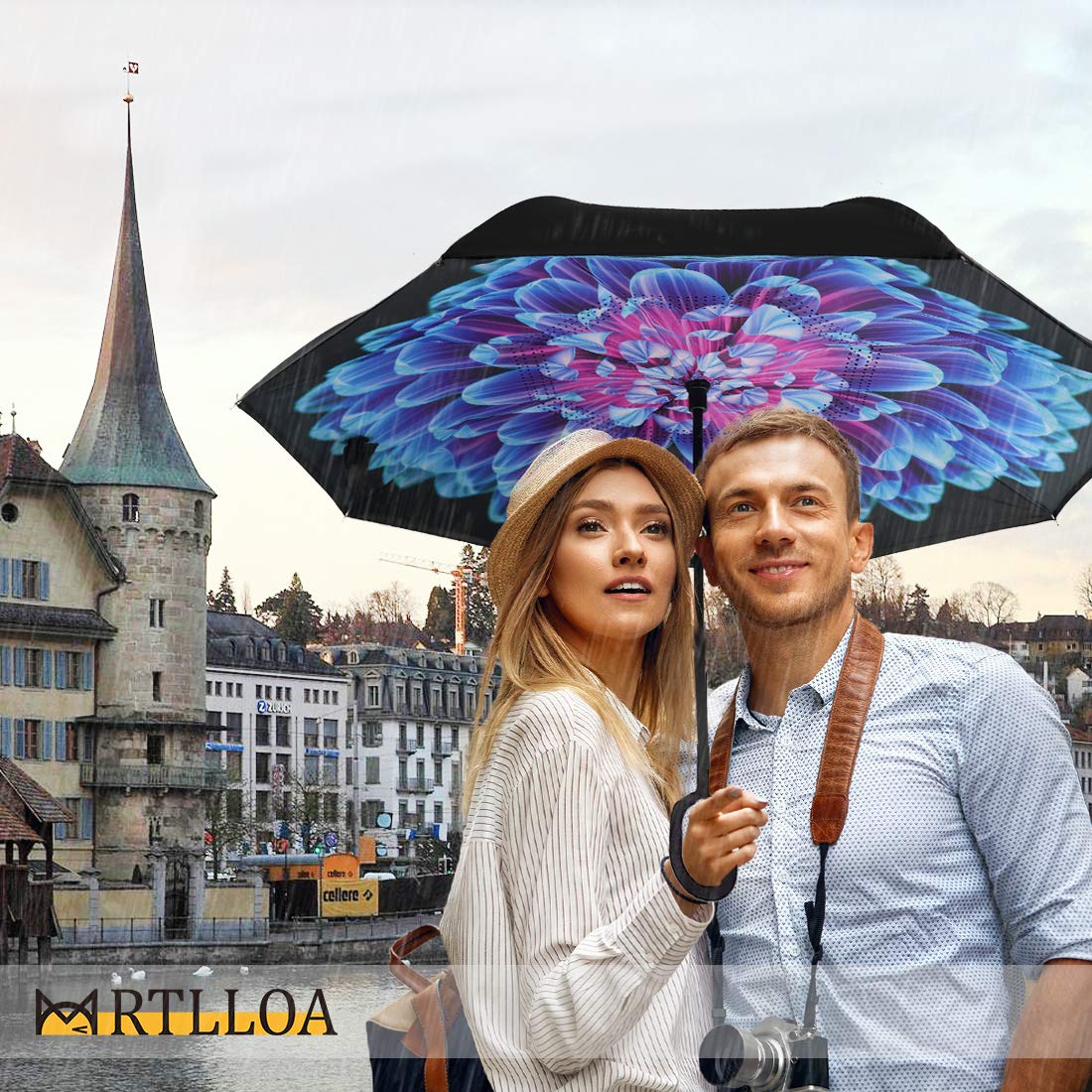 MRTLLOA Regenschirm, doppellagig, übergroßer, winddichter, umgekehrter Regenschirm, C-förmiger Griff für Herren, Damen und Kinder, 101,6 cm, 124,5 cm, 142,2 cm (Orchidee, 124,5 cm)