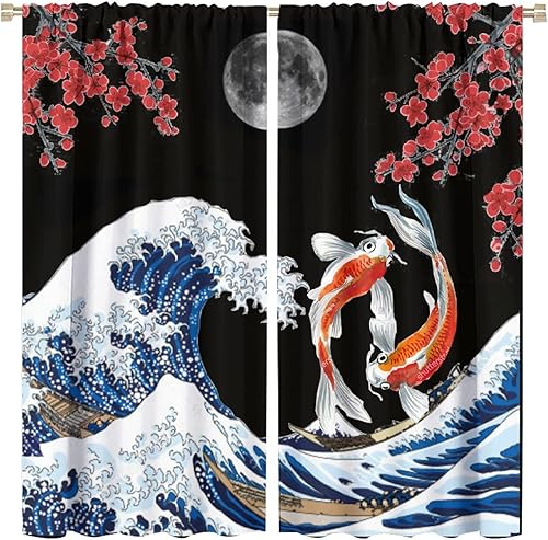 Cortinas de pez Koi, cortinas japonesas de fantasía Yin Yang con ondas grandes y flores de cerezo Koi, 72 x 63 pulgadas, opacas