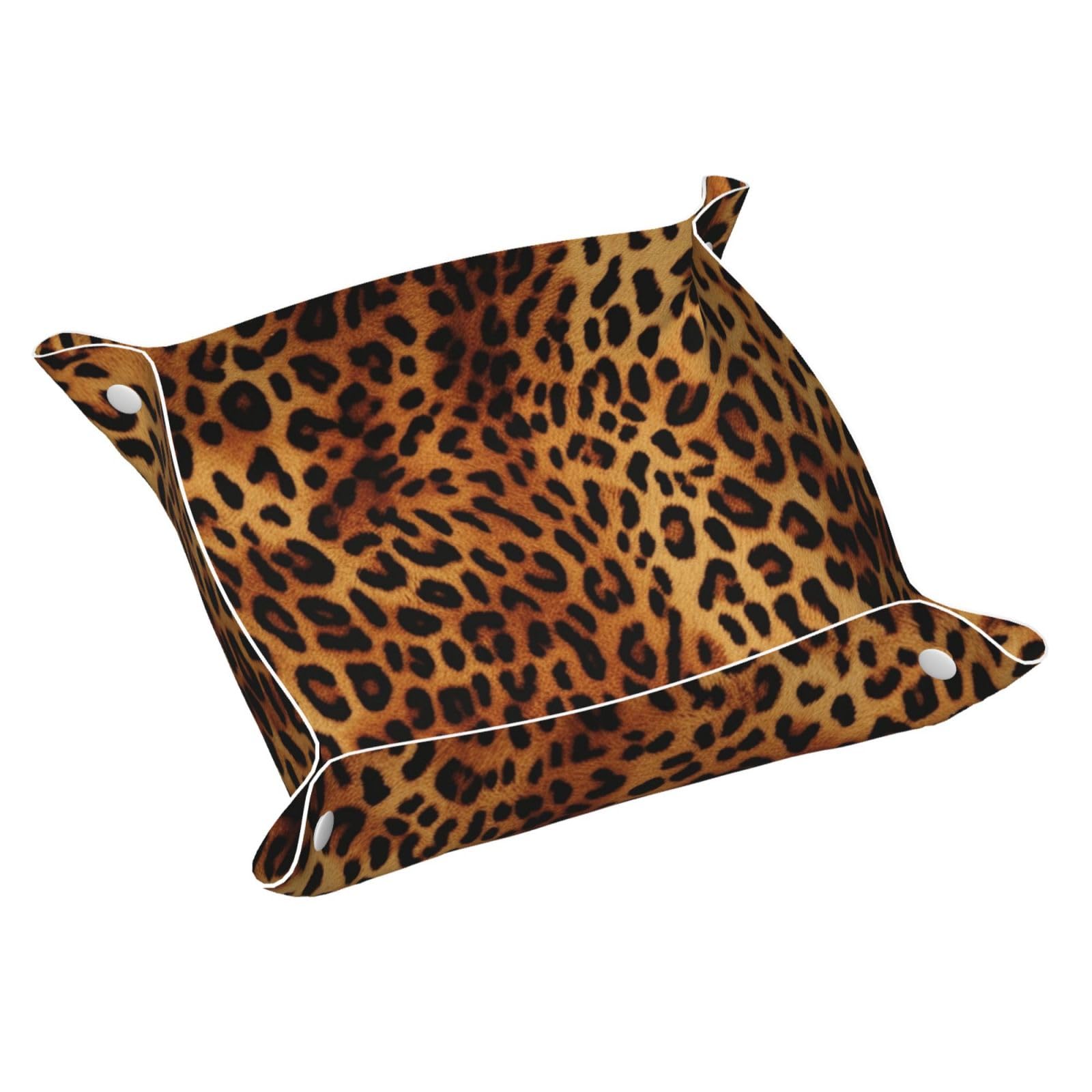 Small Valet Tray Desktop Storage Organizer, Pu Leather Catchall Bedside Vanity Tray Leopard Print Nightstand Caddy Holder for Remote Controller, Keys, Phone, Wallet, Coin, Jewelry 7.9x1.6 Inch