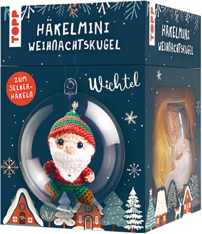 TOPP Häkelmini-Weihnachtskugel Häkelset Wichtel: Anleitung, Garn (100% Baumwolle) in 5 Farben, Häkelnadel (1,5 mm), Kunststoffkugel (7 cm), Füllwatte, Perlen, Glöckchen, White