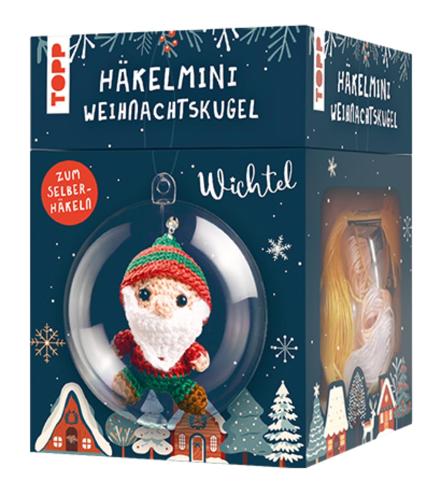 TOPP Crochet Mini Christmas Bauble Crochet Set Gnome: Instructions, Yarn (100% Cotton) in 5 Colours, Crochet Hook (1.5 mm), Plastic Ball (7 cm), Filling Cotton, Beads, Bells, White