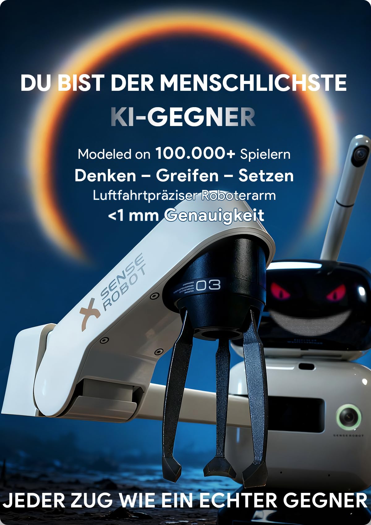 Sense Robot Schachroboter mit KI & Roboterarm – 25 KI-Stufen, 1200+ Übungen, Endspieltrainer, Spielwiederholung, Sprach-Coaching, Lichess-Anbindung, App-Sync, Für alle Spielstärken