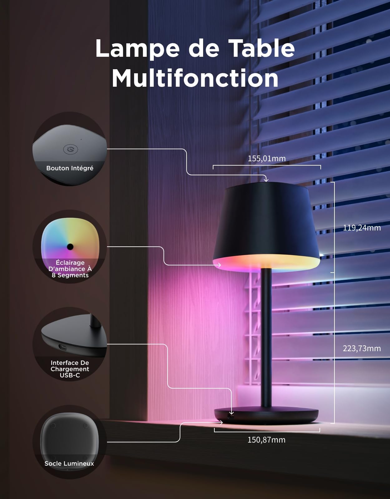 Govee Lampe de Chevet LED RGBICWW, Lampe de Table Sans Fil Rechargeable
