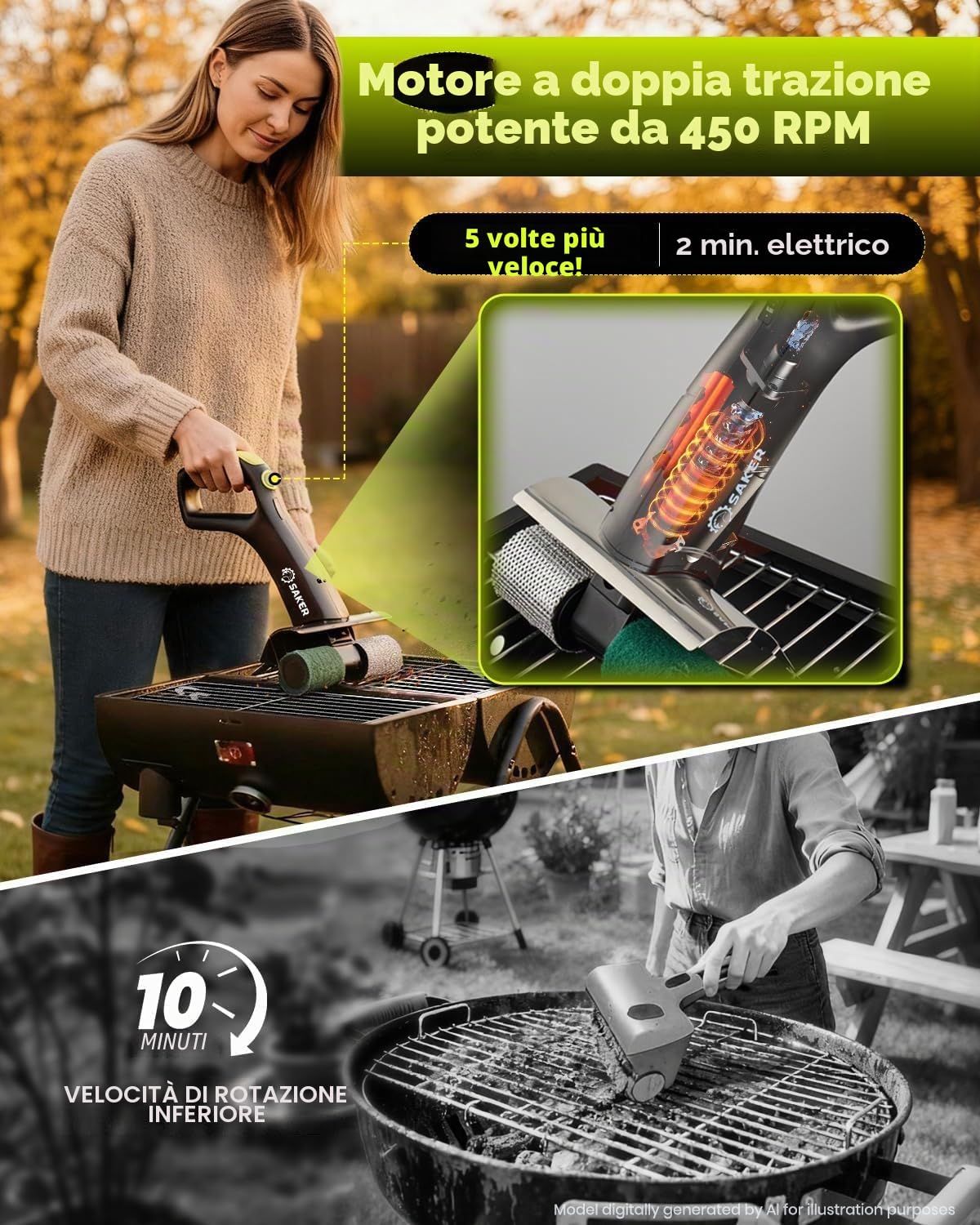 Saker Spazzola Elettrica per Griglia per Griglia Esterna, Spazzola Automatica per la Pulizia della Griglia Senza Setole con 450 RPM e Luce LED, Set di Spazzole Grill Rescue BBQ con 3 Testine