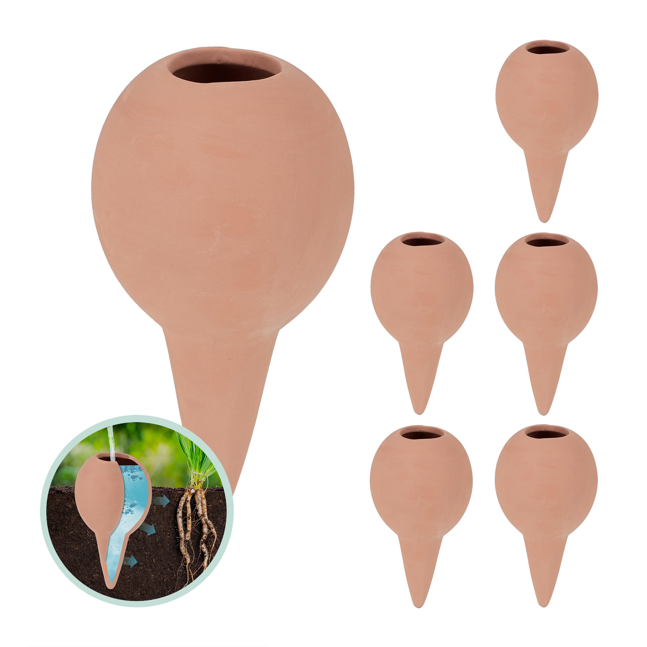 Relaxdays Clay Watering Spikes, Set of 6, Irrigation Cones for Houseplants and Balcony Boxes, 11.5 x 6 cm, Terracotta