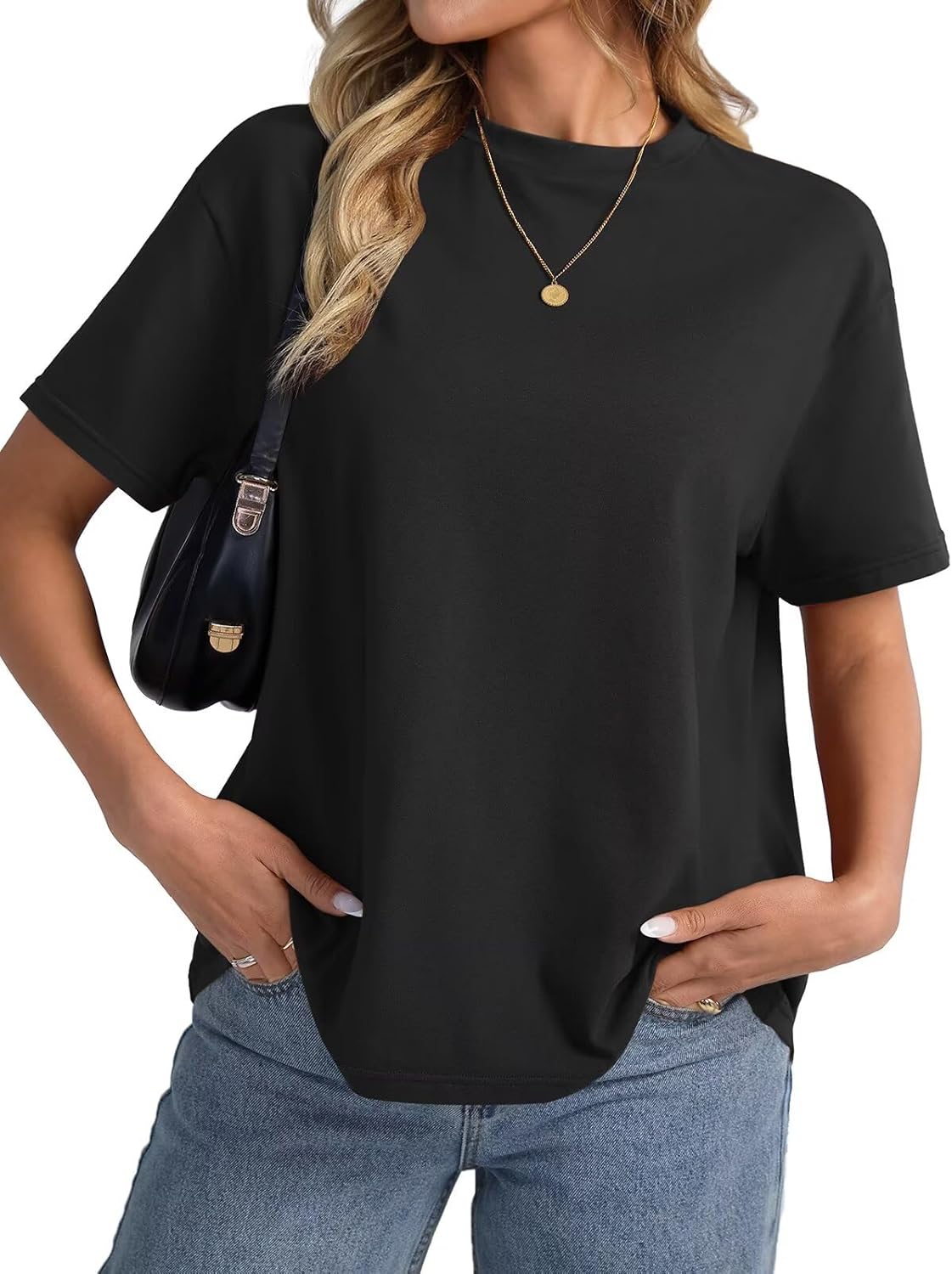 Womens Cotton Oversized T Shirts Loose Fit Short Sleeve Mock Neck Tops Summer Boxy Tee Fashion Clothes 2025