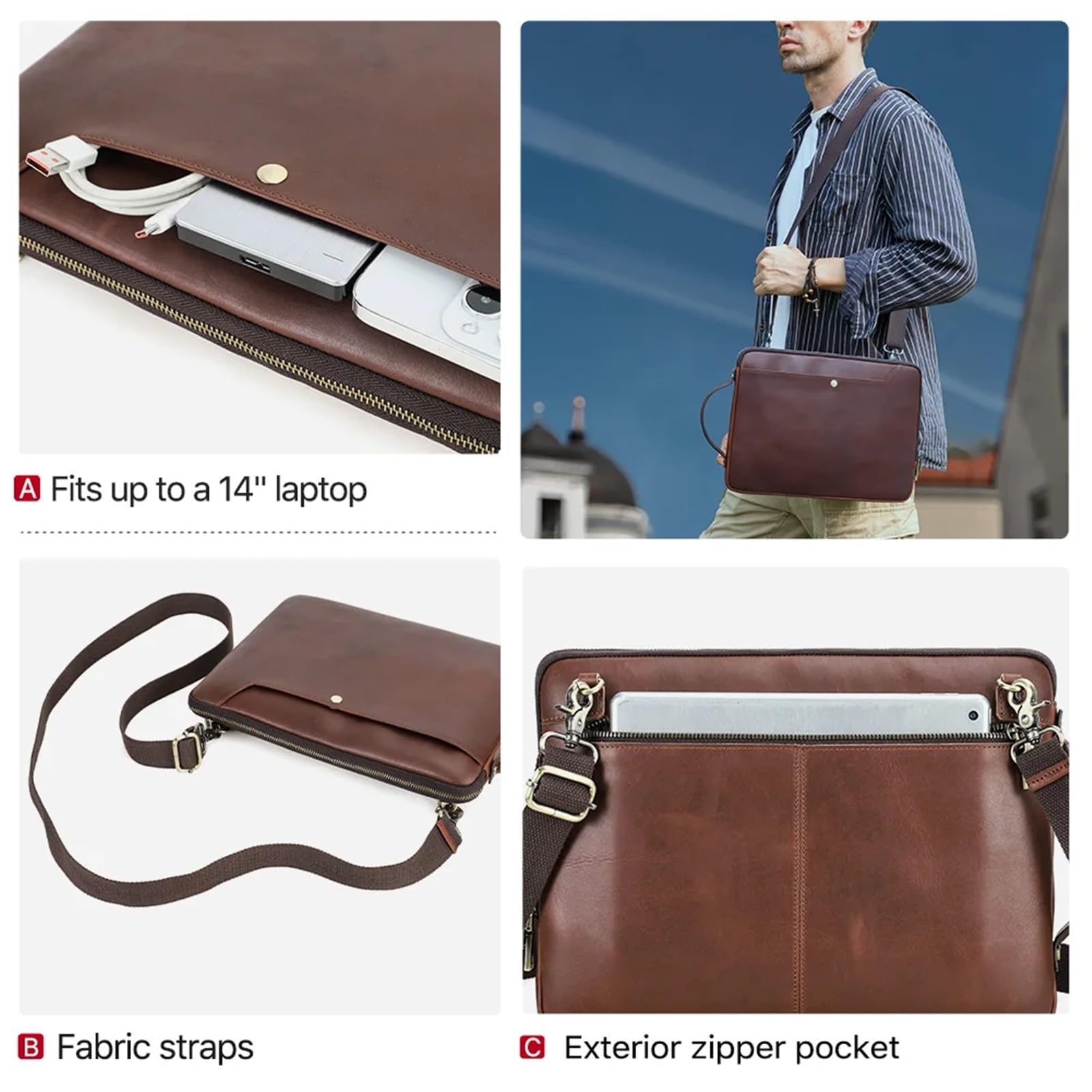 Bolso Mensajero Hombre Bolso bandolera de cuero genuino for portátil de hombre, bolso de negocios con correa for el hombro.