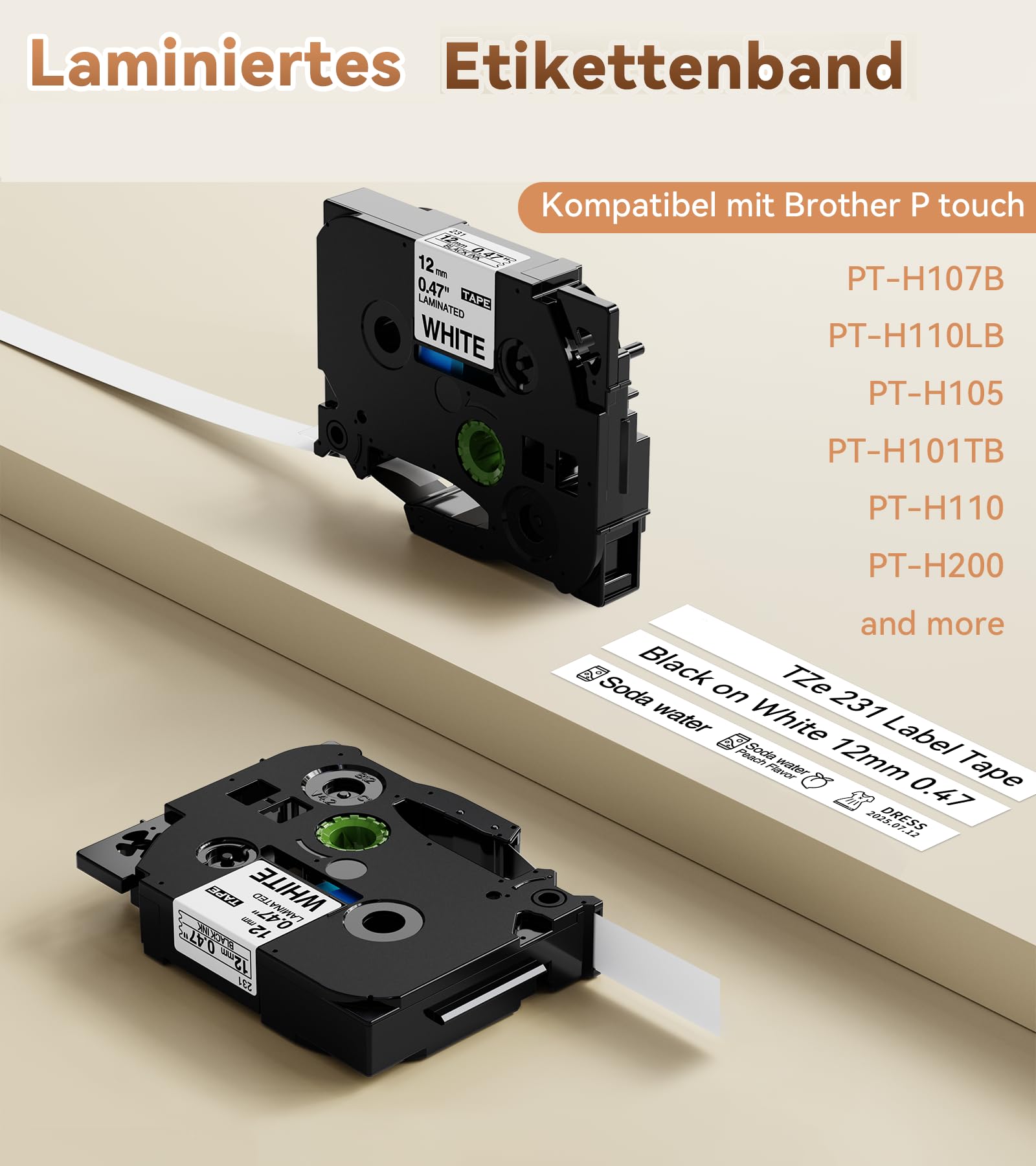 Ruban TZe-231 Laminated 12mm 0.47 White Compatible Brother P-touch PT-H110 H200 H100LB H107B H105 E110VP 1000 D210