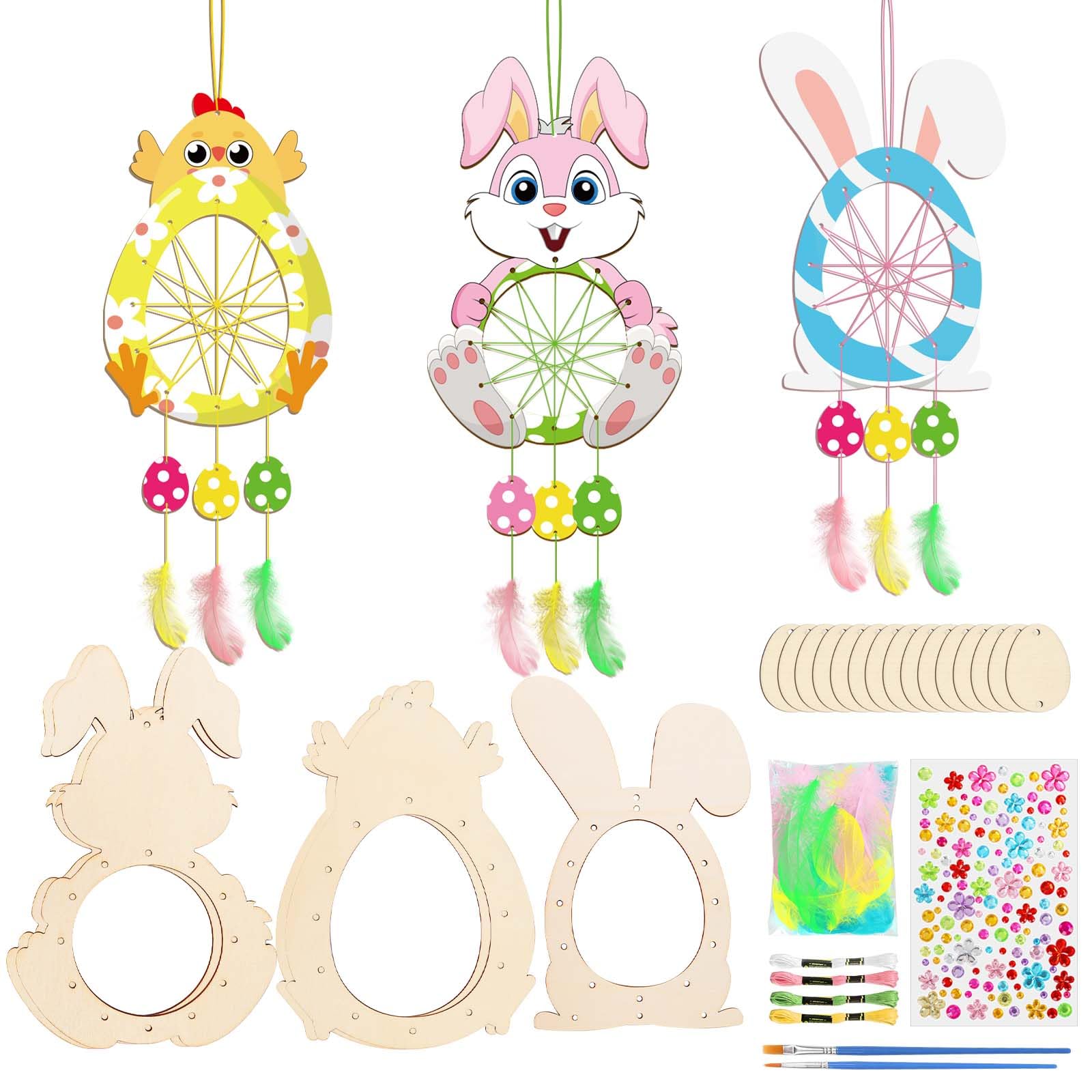 MONCAP5 Pack Wooden Easter Themed Dream Catchers Create You Own Bunny & Chick Shaped Dreamcatcher Make Your Own Easter Dreamcatcher Coloring Wooden Easter Craft for Girl Boy Art Activity Ages 4+