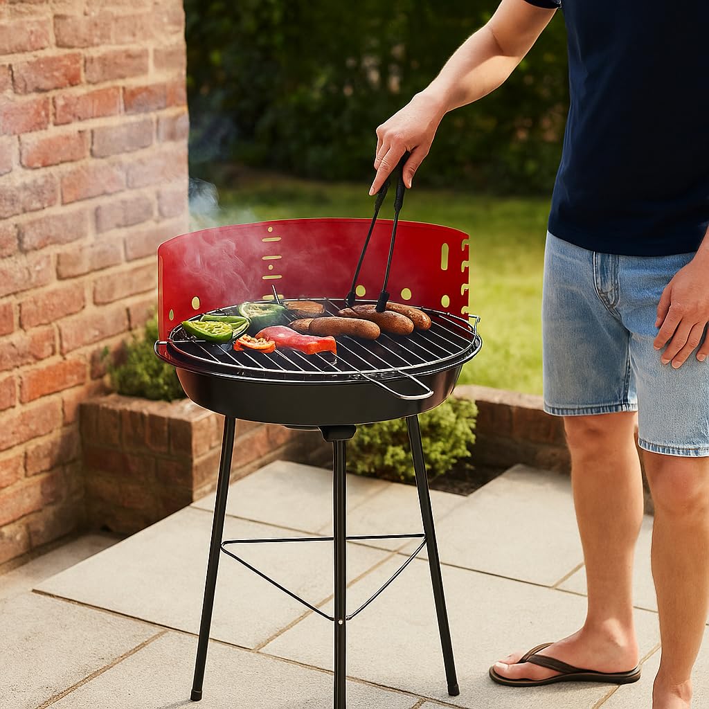 Barbecue a Carbonella ECO – Ø 35 cm x 45 cm h – In Acciaio Verniciato con Griglia Cromata Regolabile e Paravento – Compatto, Leggero, Facile da Montare – Lemag SRL