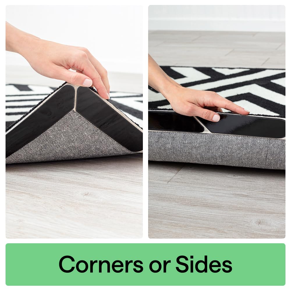 GORILLA GRIP® Almohadillas de agarre para alfombras, adhesivos reutilizables de doble cara extra largas que mantienen las esquinas planas de las alfombras, agarra suelos de madera dura, azulejos y