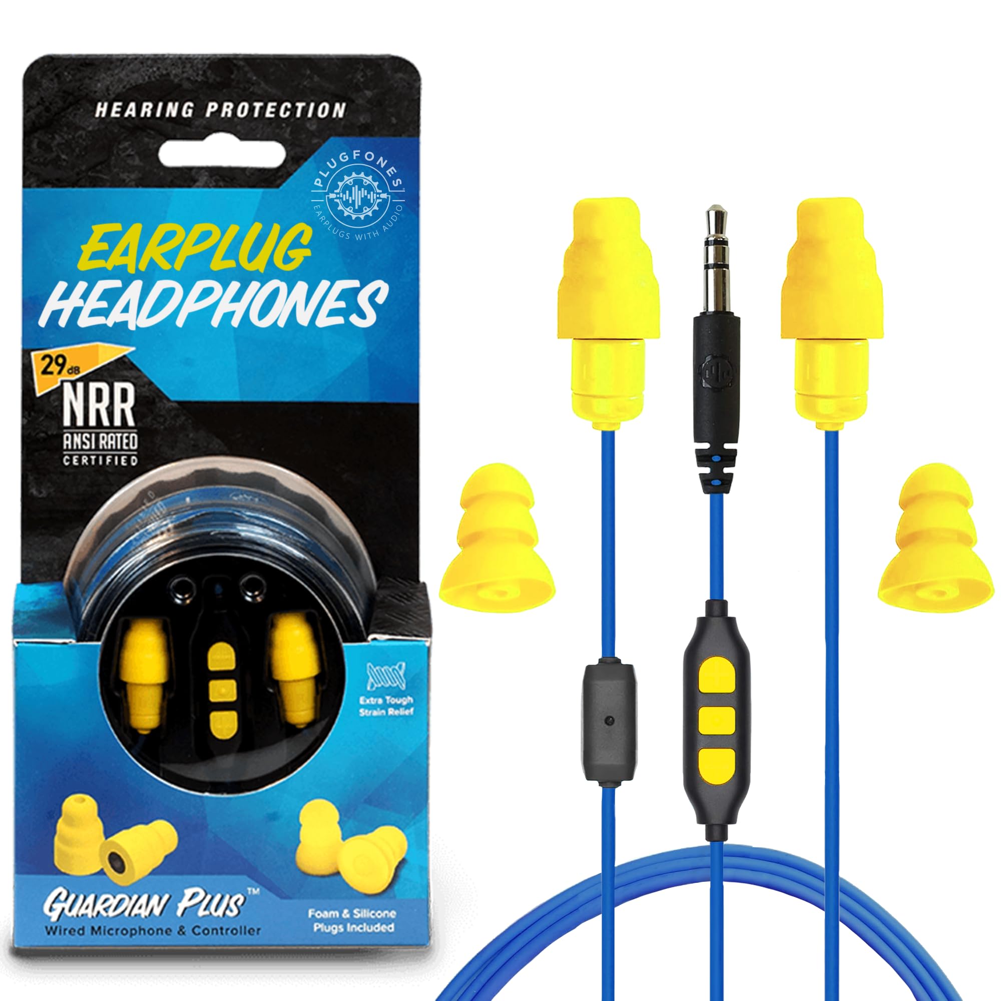 Plugfones Guardian Plus in-Ear Earplug Earbud Hybrid - Noise Reduction in-Ear Headphones with Noise Isolating Mic and Controls (Yellow & Blue)