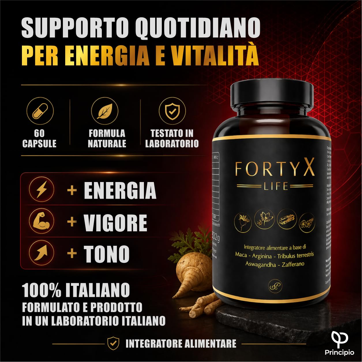 FORTYX Integratore Energia e Vitalità Uomo - Maca, Tribulus, Arginina, Citrullina, Ginseng, Ashwagandha, Zafferano, CoQ10, Zinco - 60 Capsule