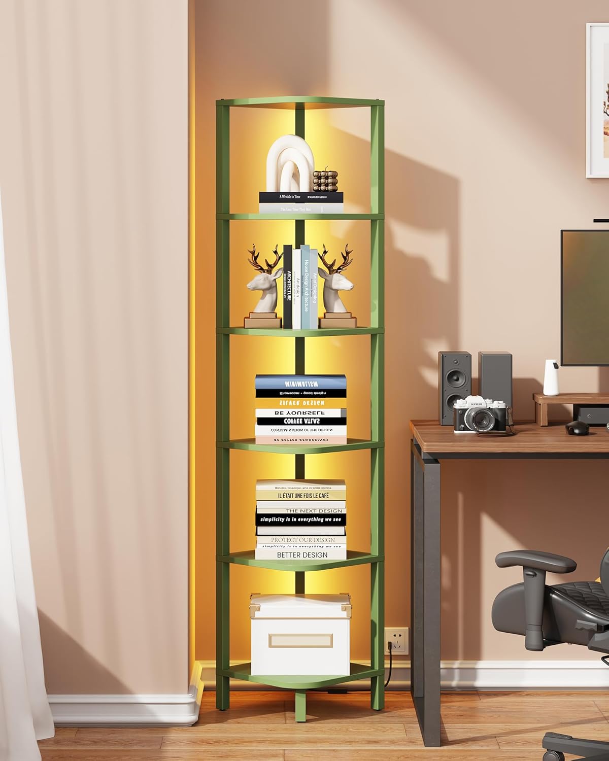 TUTOTAK Corner Shelf with LED Light, 6-Tier Corner Bookshelf for Small Space, Narrow Display Corner Shelf Stand with Storage Rack, for Living Room, Bedroom, Olive Green BS08BOG006L