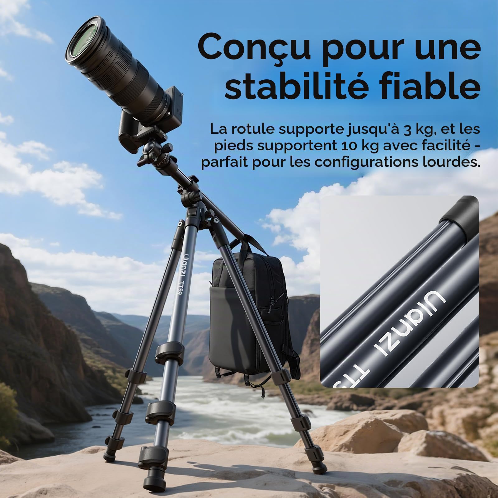 ULANZI TT59 175cm Trépied Appareil Photo avec Colonne Centrale Rotative à 360 degrés et Rotule, Trépied Horizontal Pliable en Aluminium pour DSLR Caméscope Smartphones (Poids 1,25 kg, Charge 10 kg)
