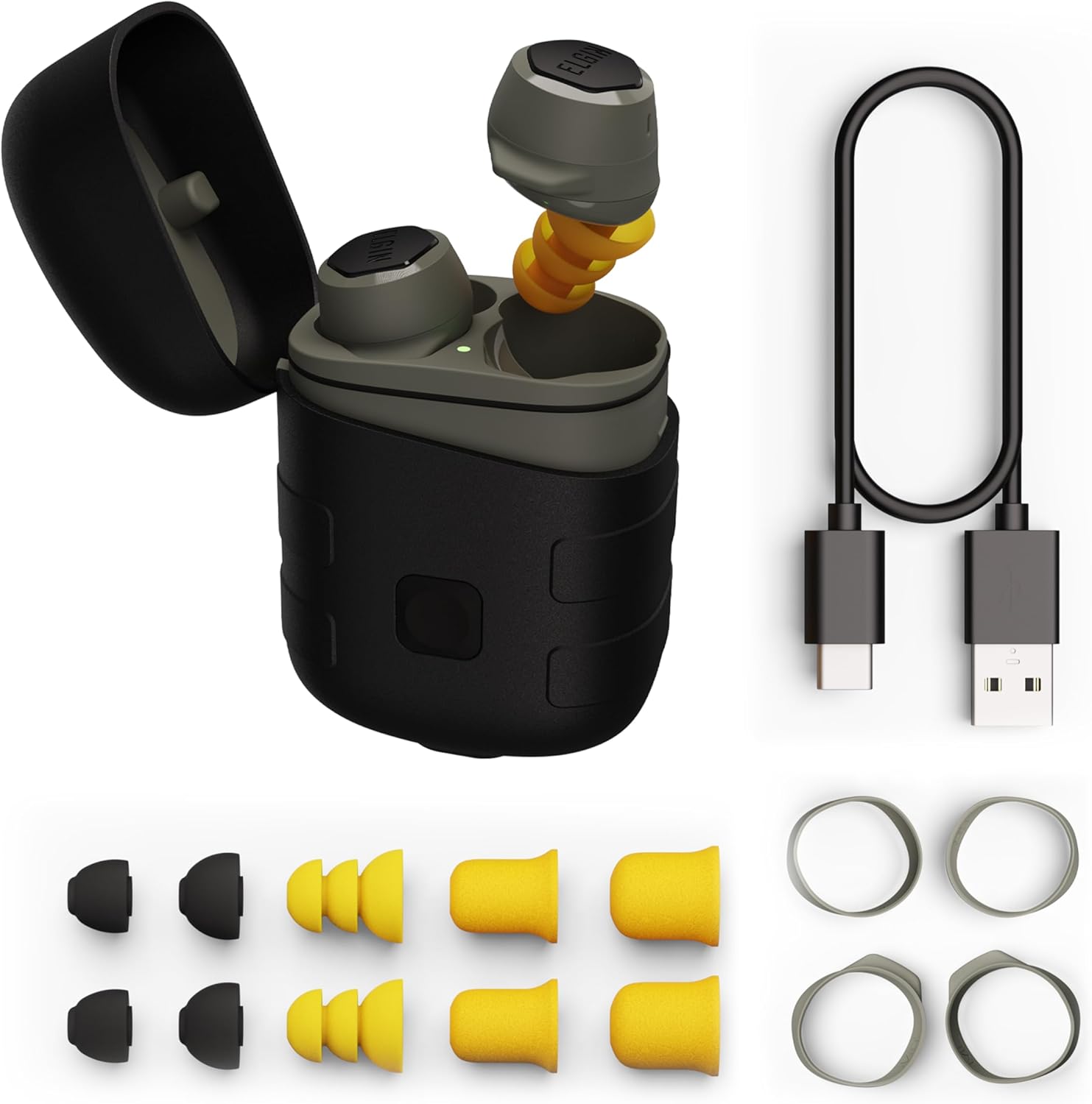 Elgin Rebel True Wireless Earbuds, 25 dB Noise Reduction, Bluetooth, 12+ Hour Battery Life, IP65 Water Resistant, OSHA Compliant