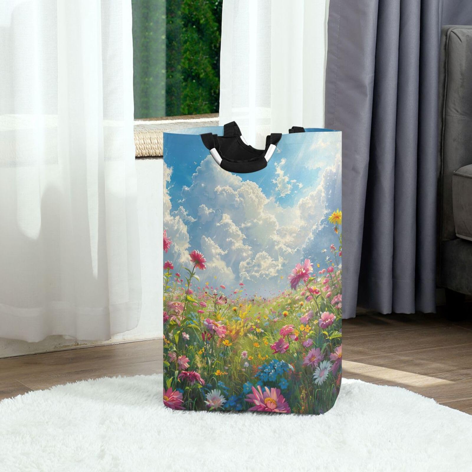 Jihqo Laundry Hamper Basket Sunny Floral Field Collapsible Nursery Storage Bin Waterproof Clothing Baskets for Home Bedroom Bathroom Washing Room