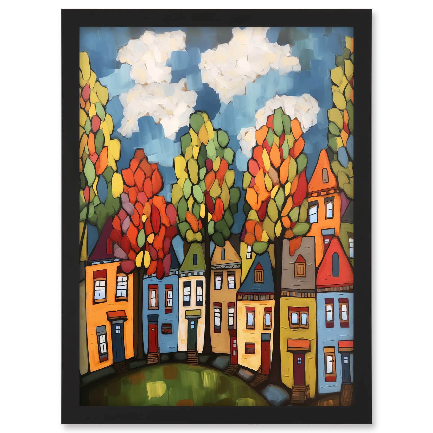 Artery8 Multicoloured Row Of Houses With Autumn Trees Contemporary Folk Art Painting Artwork Framed A3 Wall Art Print