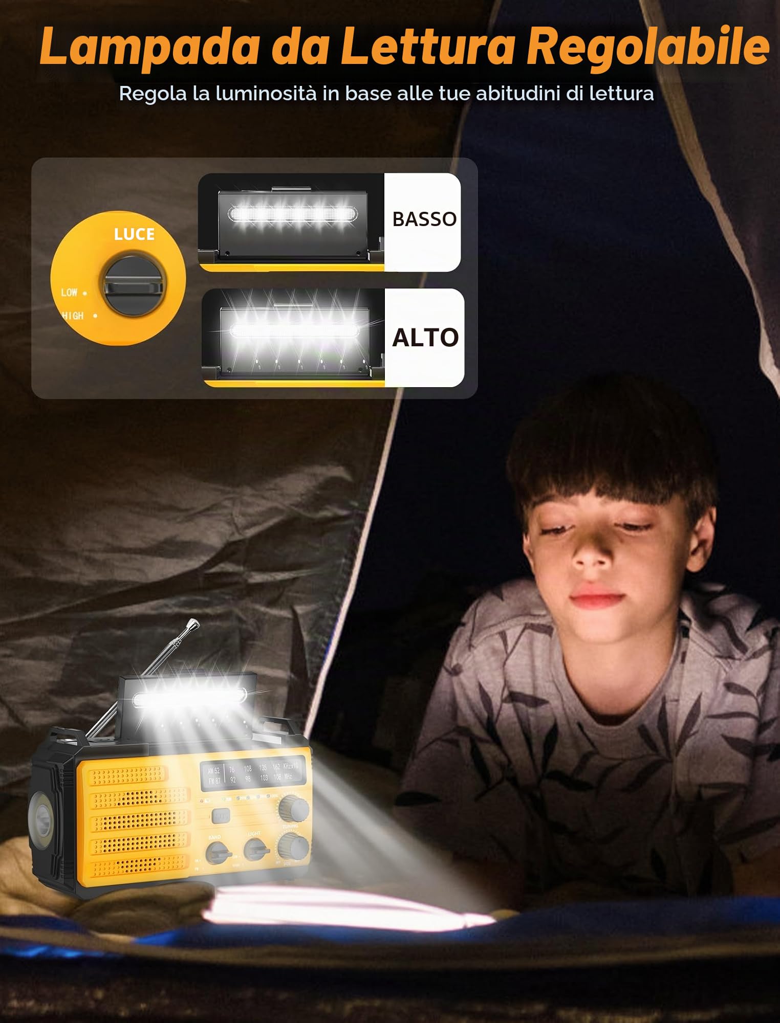 Radio Portatile Emergenza FM/AM, Radiolina a Manovella Dinamo, Radio Solare Piccola con Batteria Ricaricabile da 8000mAh, Allarme SOS e Torci, Lampada da Lettura, Power Bank per Emergenze