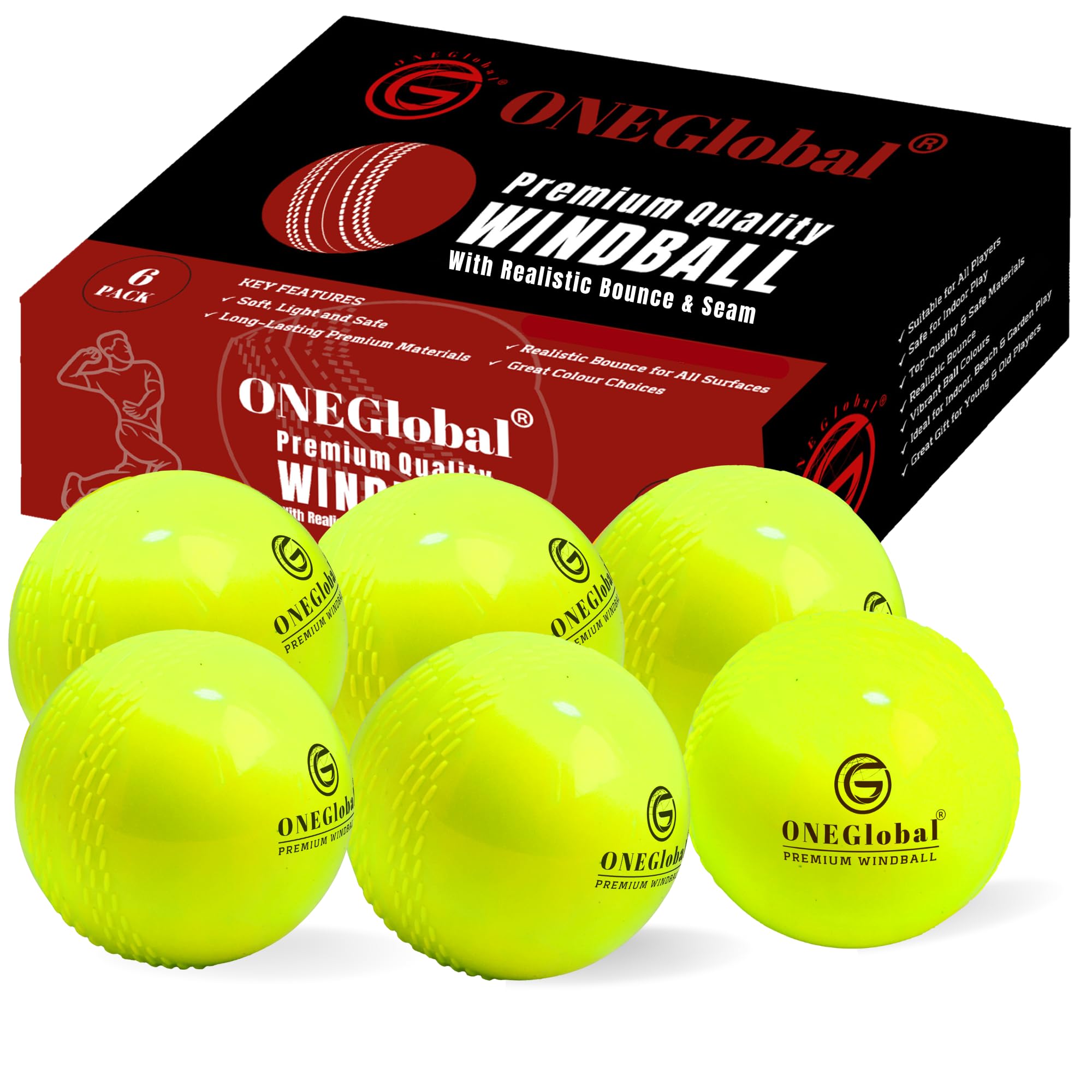 ONEGlobal Premium Windball Soft Cricket Ball | Durable, Embossed Seam, True Bounce & Swing | Wind Ball Cricket Balls for Outdoor & Indoor Practice, Coaching, Garden & Beach Games (6-FLUORO YELLOW) โ image 1