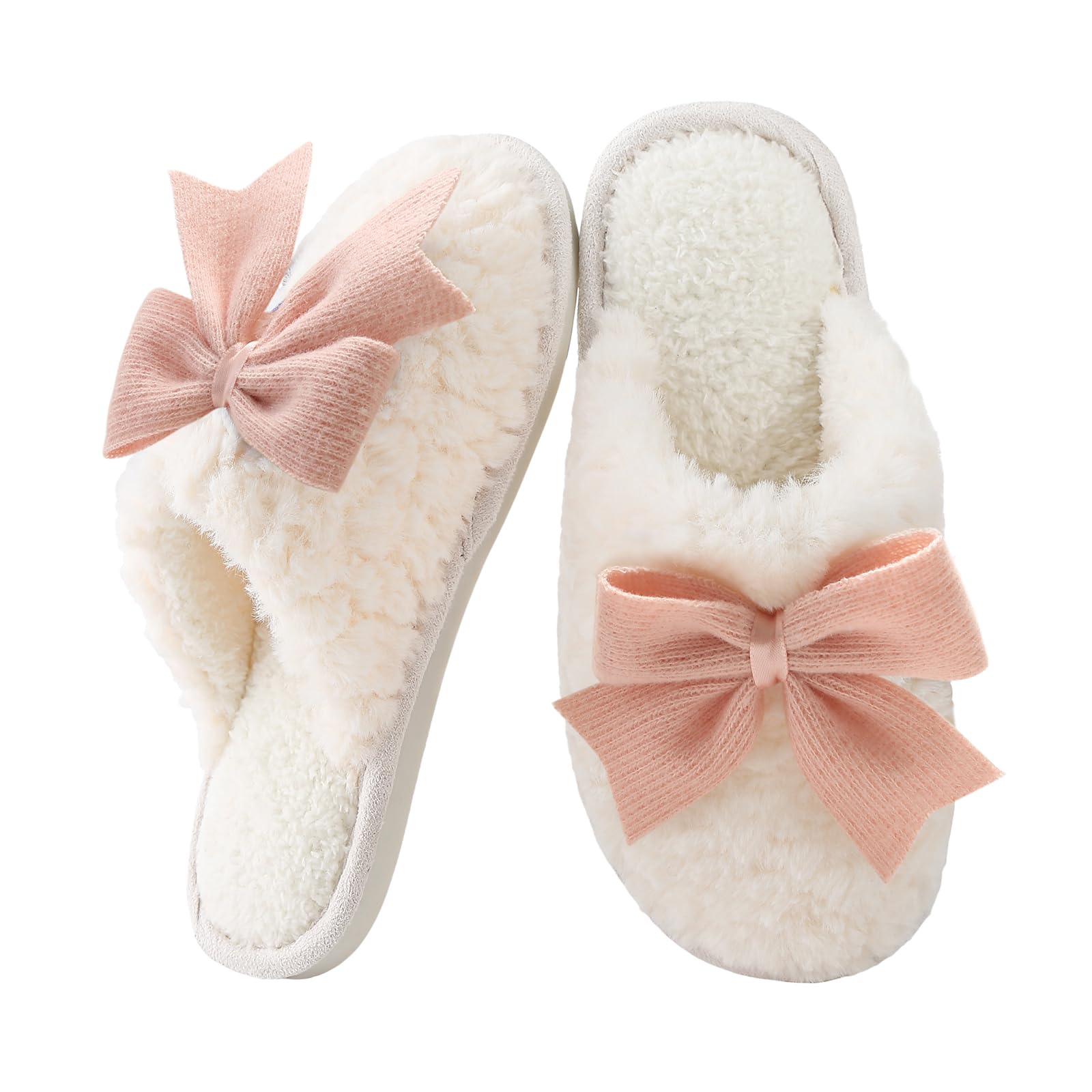 Womens Memory Foam Slippers Cute Bow Design Plush Faux Fur Indoor Outdoor House Shoes Cozy Lightweight Footwear for
