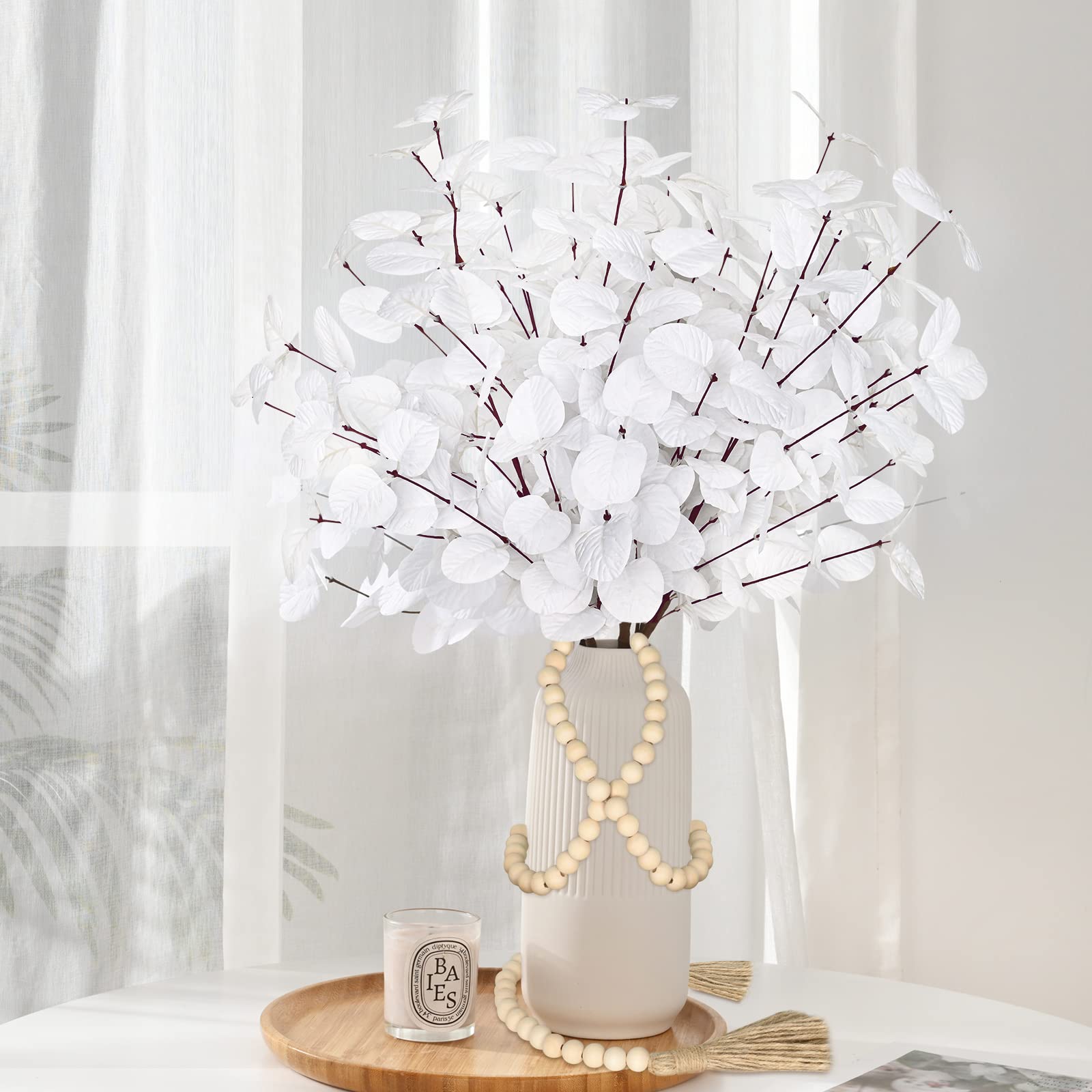 BLEUM CADE 6 Pcs Artificial Eucalyptus Stems with Wood Bead Garland, Tall 24" Fake White Eucalyptus Bouquets, Faux Silver Dollar Eucalyptus Leaves for Vase Table Centerpieces Greenery Decor