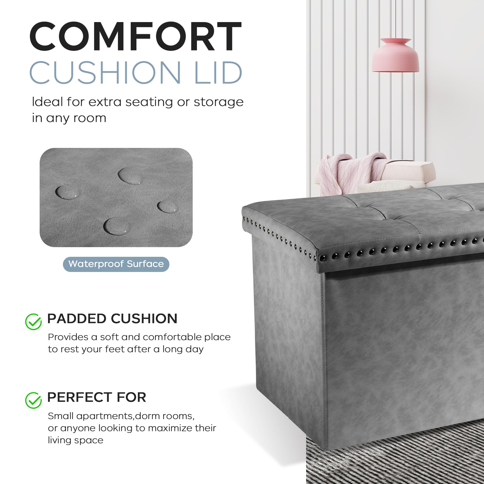oakvivo Small 16 x 12 x12 Inches Folding Storage Ottoman, Faux Leather Foot Rest Stool with Rivet Design, Ottoman with Storage Vanity Stool Coffee Table for Living Room, Bedroom, Load 242 lbs, Green: Grey 15"D x 30"W x 15"H