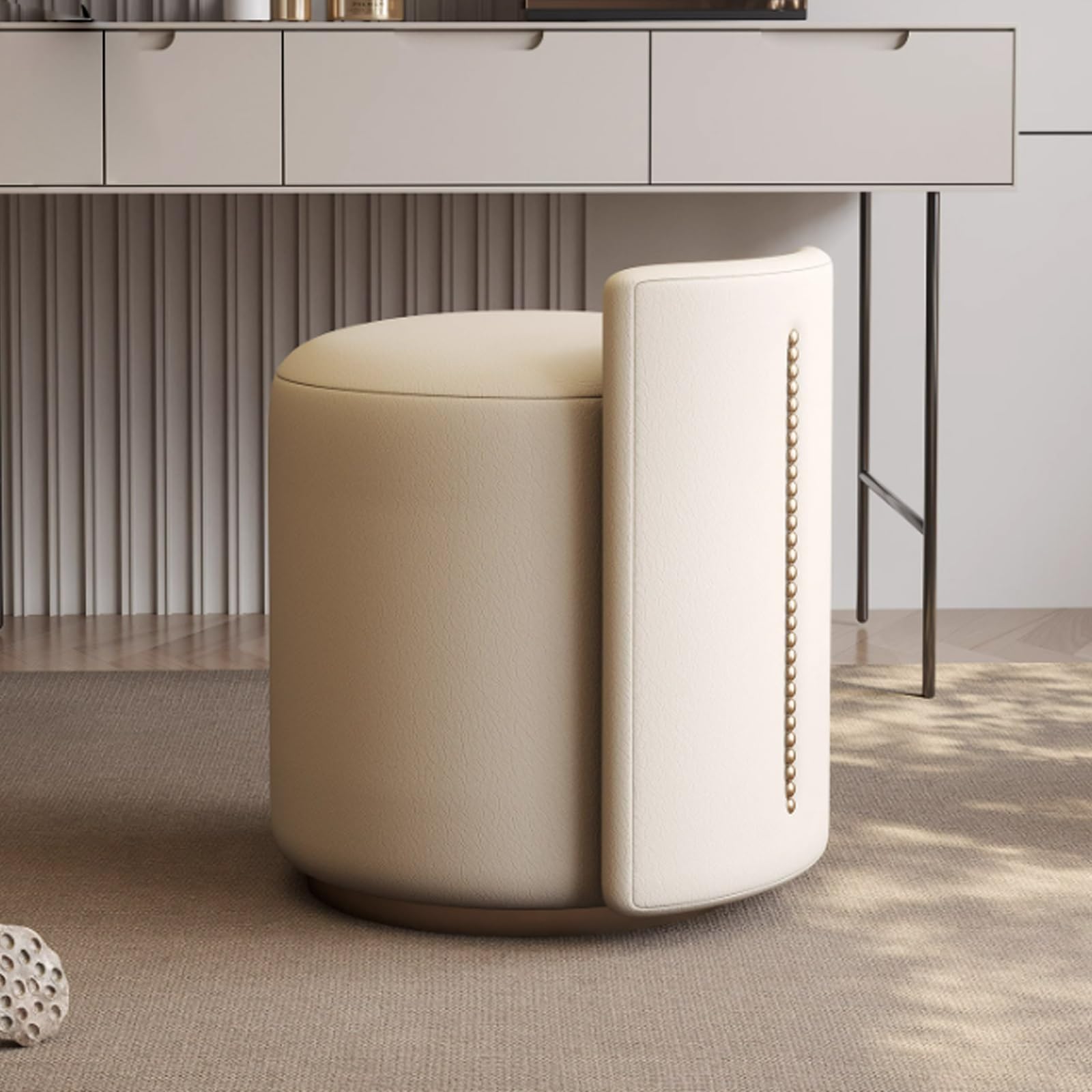 Modern 360° Swivel Vanity Stool for Makeup Room Low Back Design Perfect for Living Bedroom Entryway Stylish Pu+Cloth Material,One Size(A-Off-White)