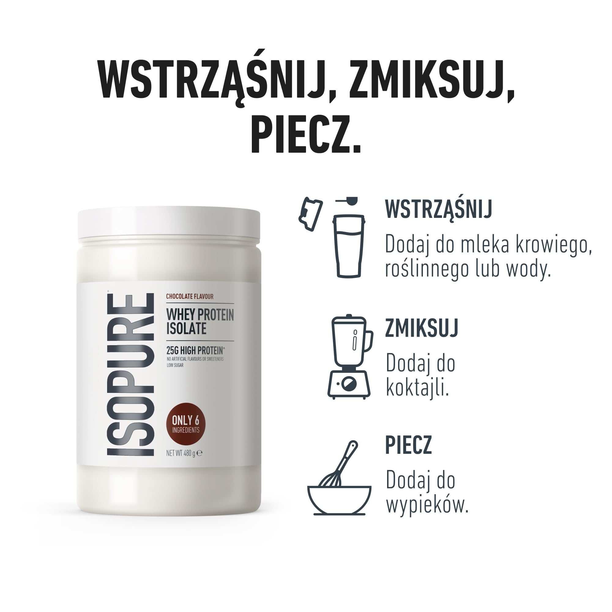 Isopure Czekoladowa Odżywka Białkowa z Izolatem Serwatki, Wysoka Zawartość Białka – 25 g na Porcję, Niska Zawartość Cukru, Bez Sztucznych Aromatów i Słodzików, Tylko 6 Składników, 480 g